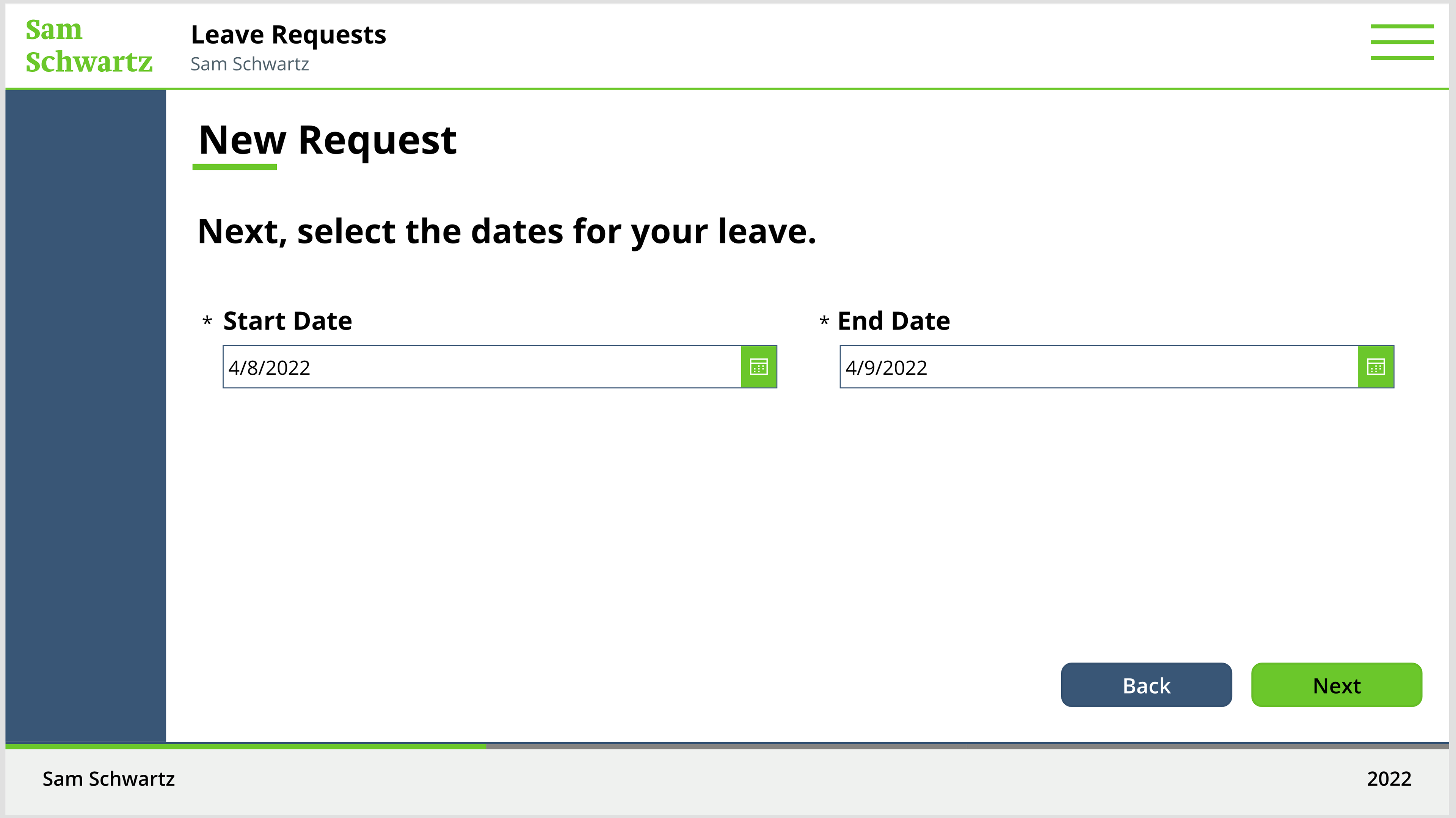 New Request Screen: Leave Dates