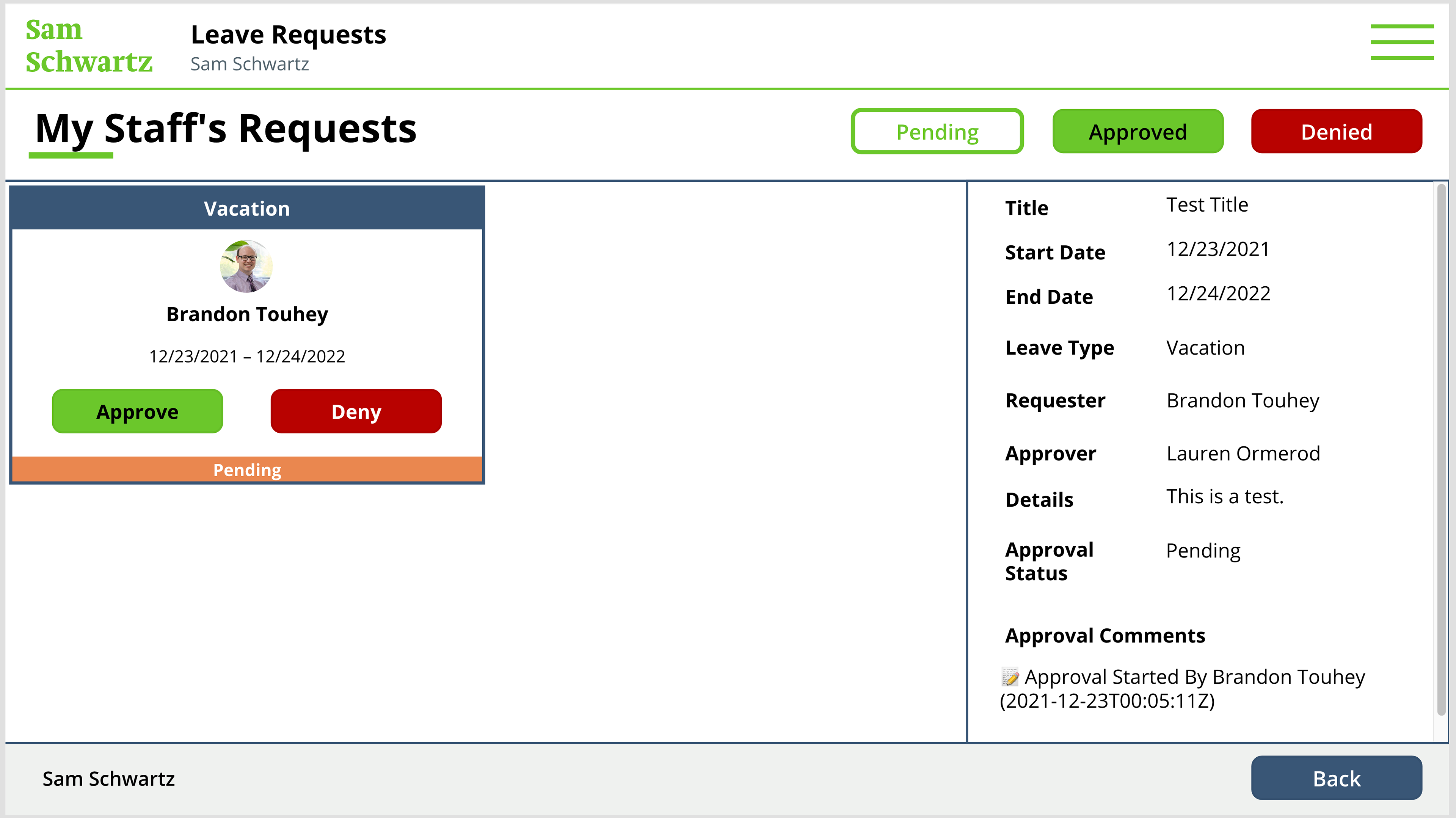 Manager View screen: Pending Requests