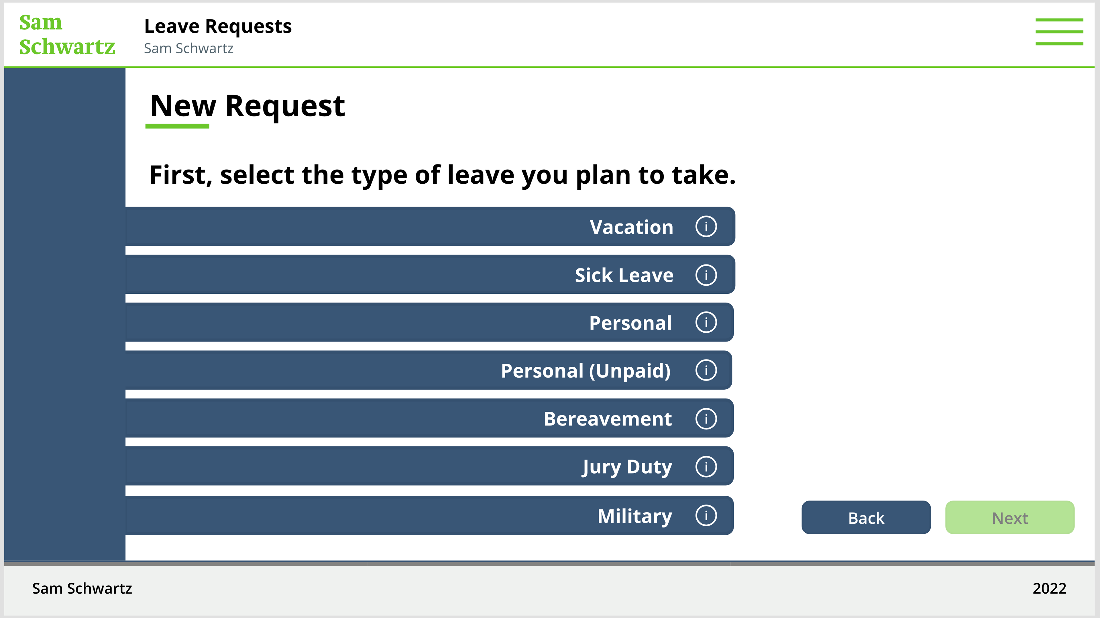 New Request Screen: Leave Type Selection
