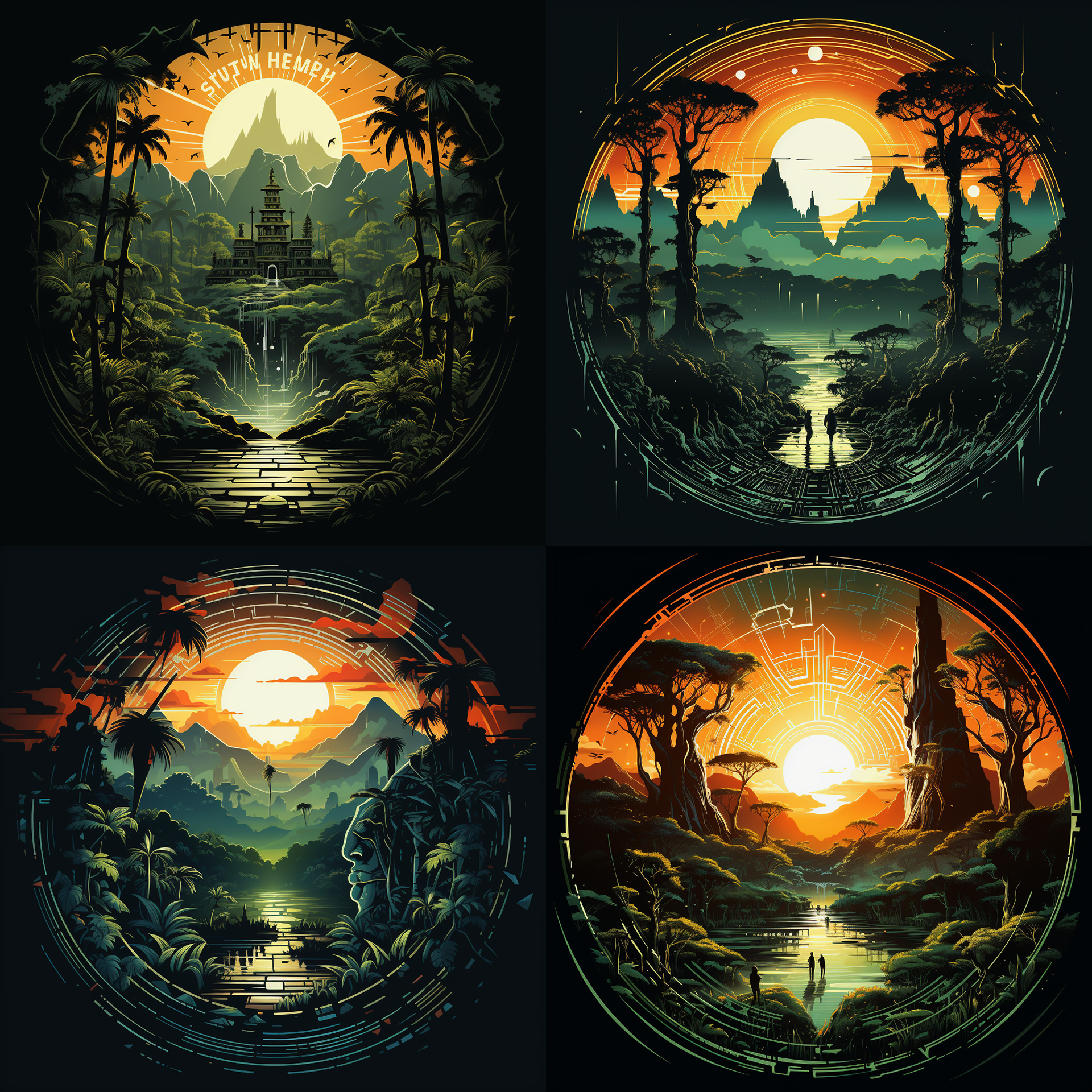 print ready vector t-shirt design, adventure scene with a shipibo shaman, on a shamanic vision quest, with beautiful nocturnal sun and lush amazon jungle in the background, subtle geometric patterns, clean white background, professional vector, full shot, 8K resolution, deep impression illustration