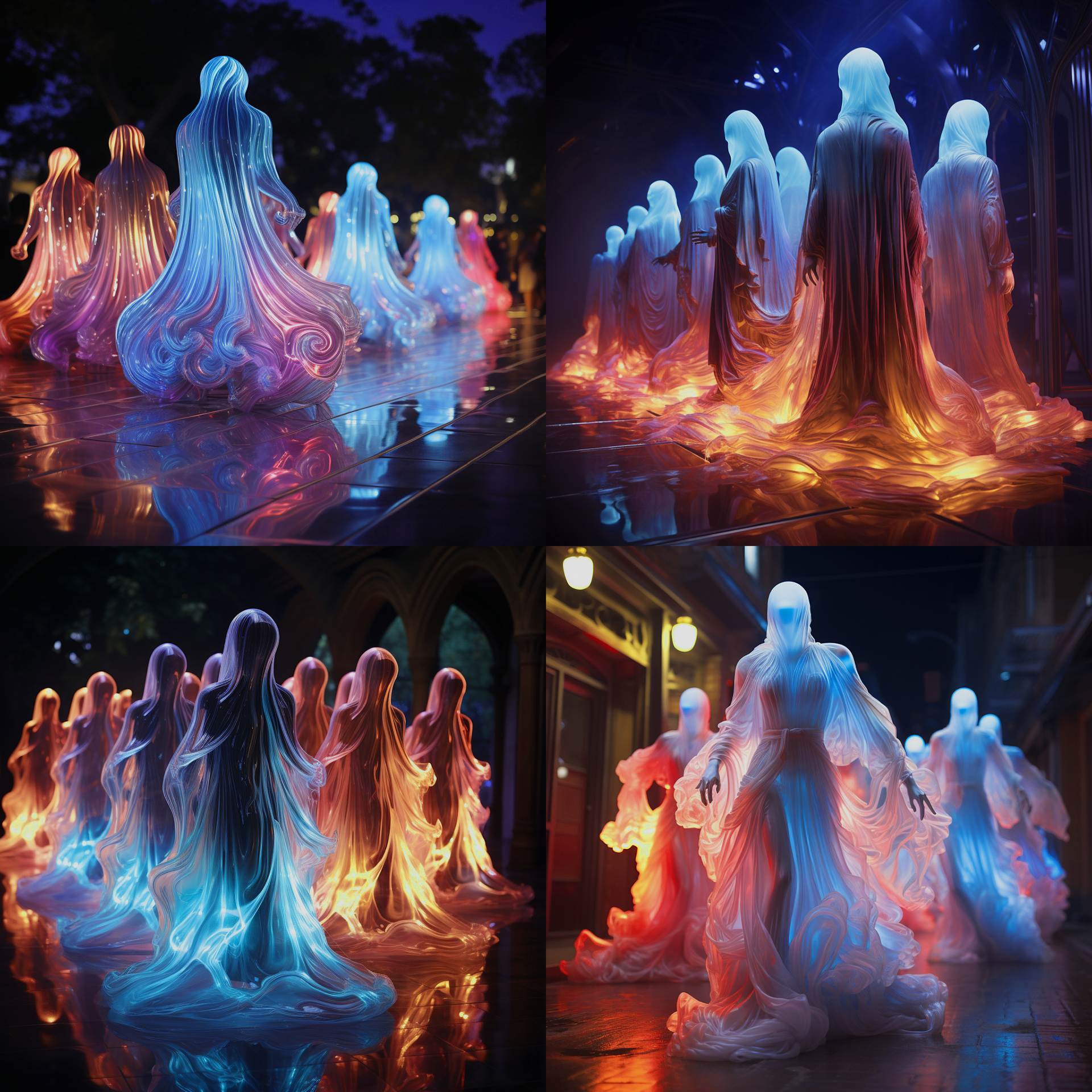 A spectral procession of 3D ghosts, illuminated by a neon glow