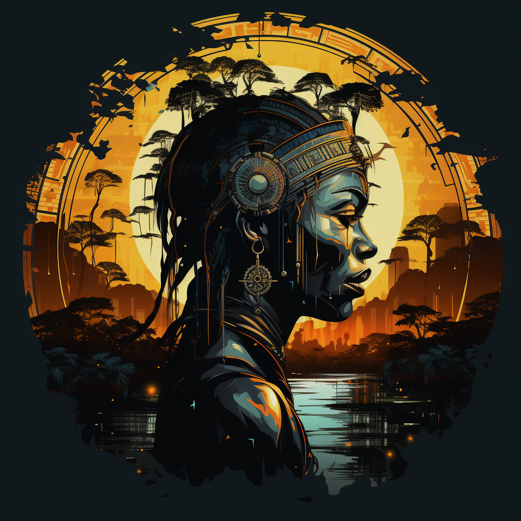 print ready vector t-shirt design, adventure scene with a shipibo shaman, on a shamanic vision quest, with beautiful nocturnal sun and lush amazon jungle in the background, subtle geometric patterns, clean white background, professional vector, full shot, 8K resolution, deep impression illustration