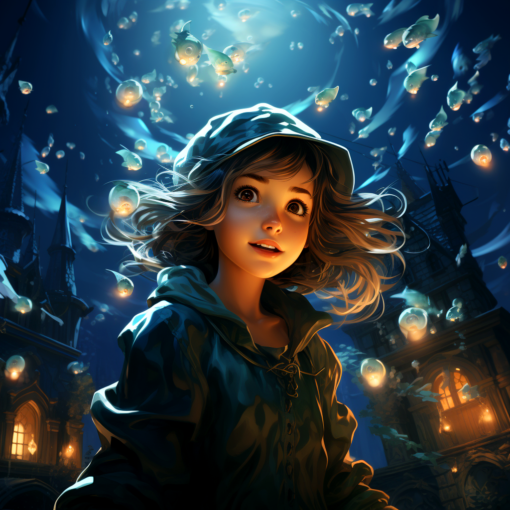 Ultra detailed really cute brunette sorceress flying over a village, young adult woman with short hair, with nice shiny eyes smiling surrounded by cute slimes, focus on face, sharp focus, magic, soft tetradic colors, cartoon vector, volumetric lights, very detailed dungeon scenery, visually rich, manga, anime, 2D, best quality, by Mschiffer