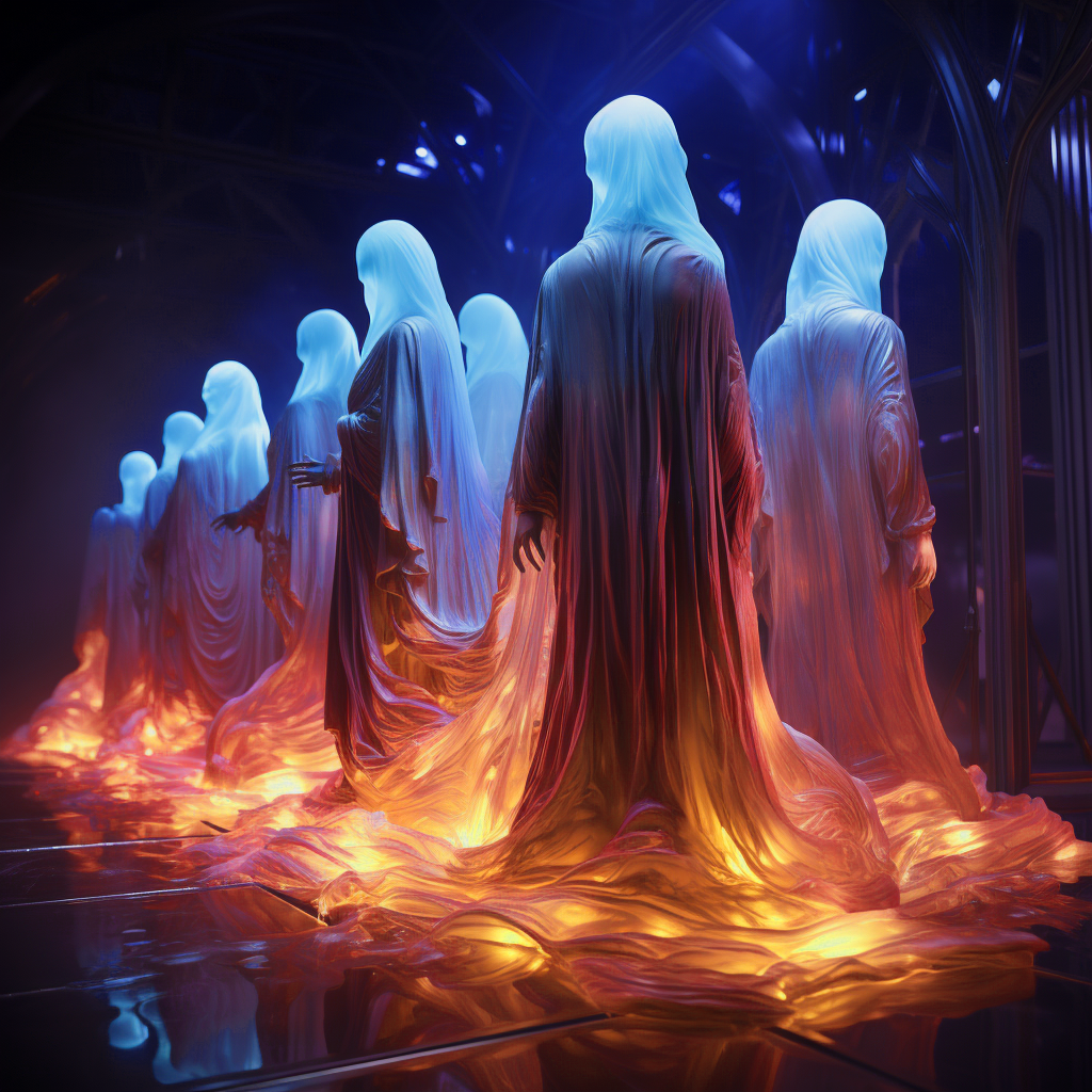 A spectral procession of 3D ghosts, illuminated by a neon glow Upscale