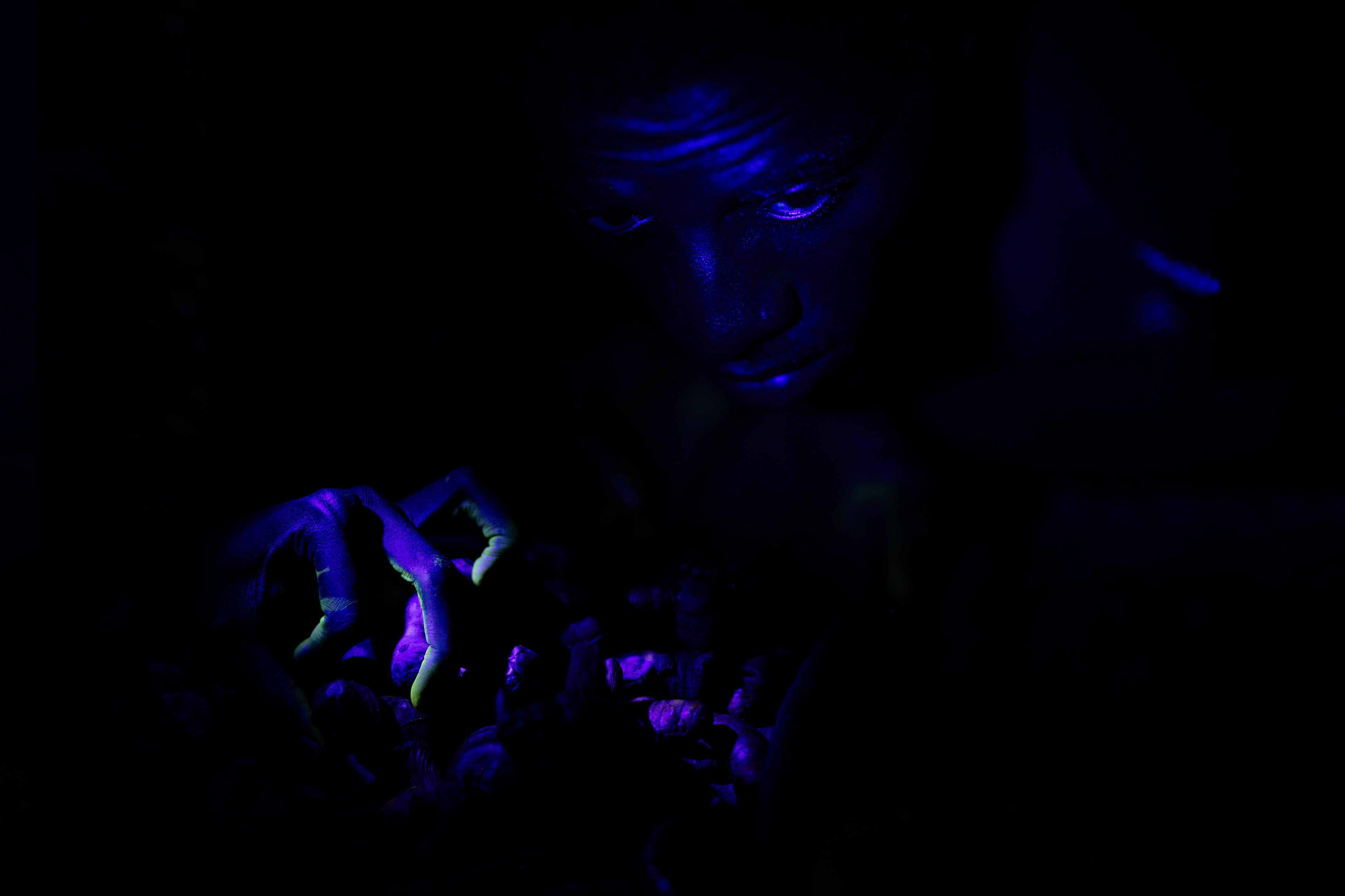 Familiar #2. 2023. Photographic print; bioluminescent material (tonic water, saliva and turmeric/galangal roots) and Victoire Hemedi. 20x30 inches.