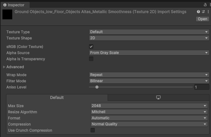 For metallic Smoothness maps, set alpha source from Alpha to From Grey Scale