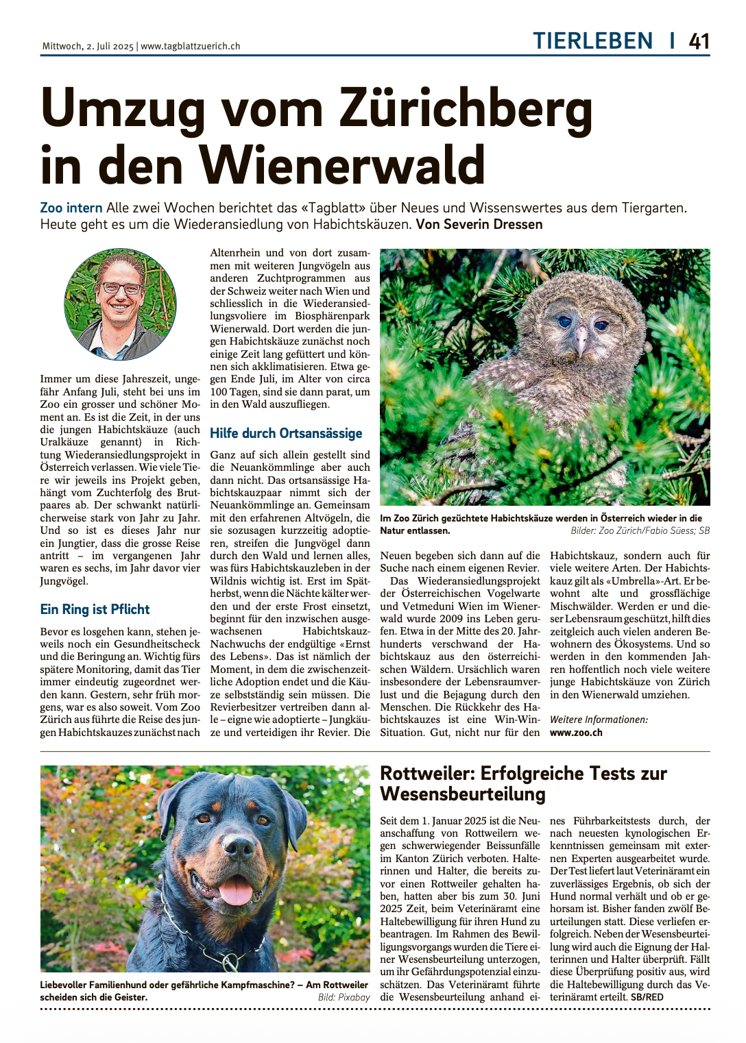 Tagblatt (Amtsblatt) der Stadt Zürich 02.07.25 © Tagblatt der Stadt Zürich / Zoo Zürich / Fabio Süess