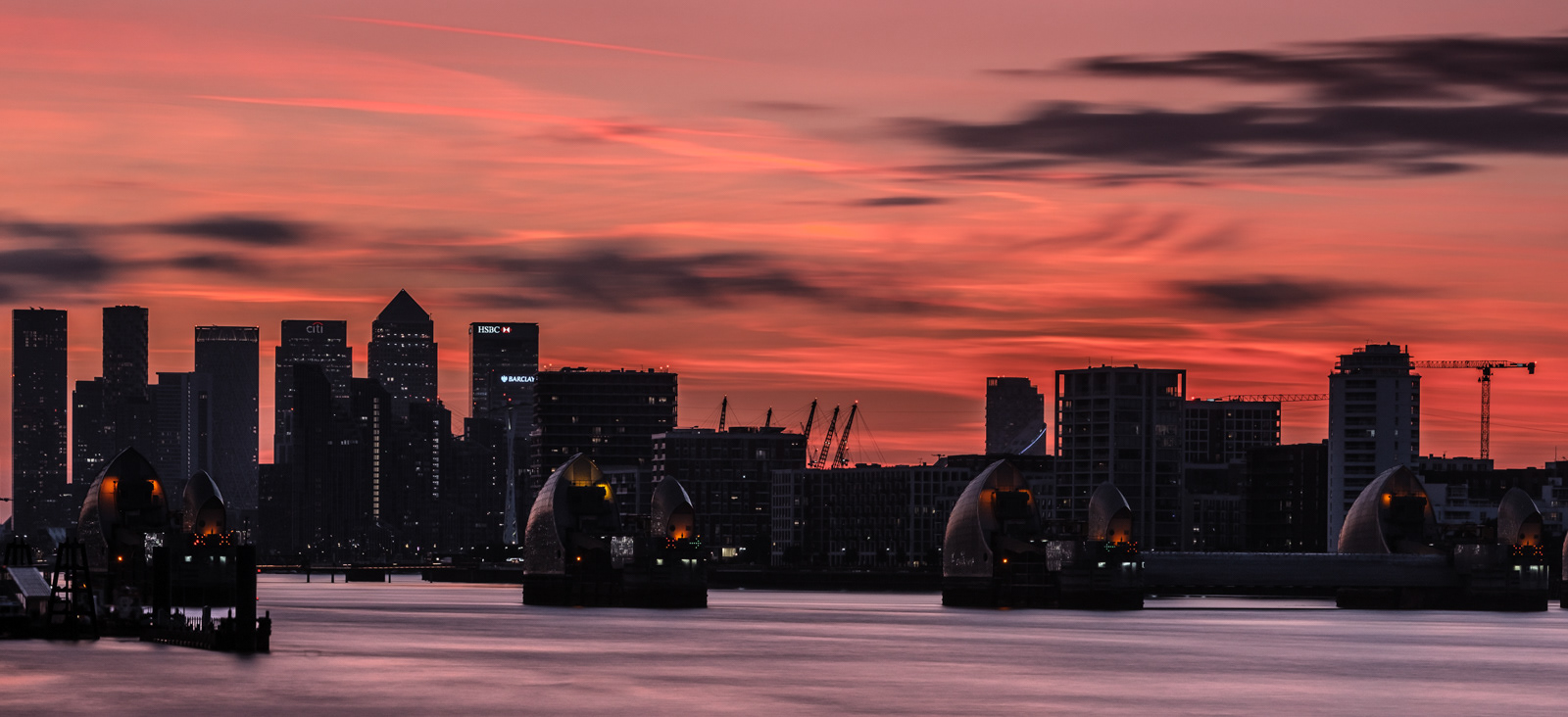 SCORE 10 Sunset at the Thames Barrier and Canary Whary by Grant Noble