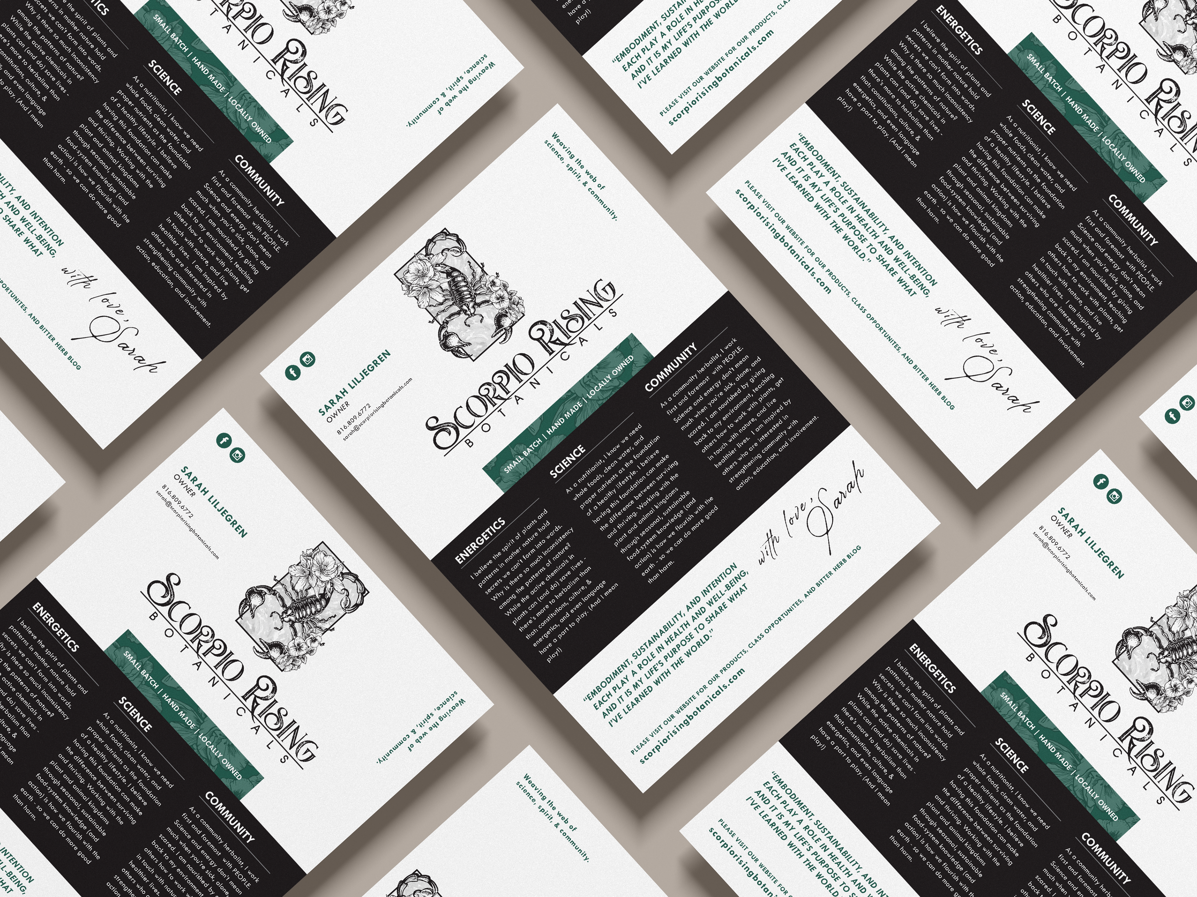 company values promotional flyer for Scorpio Rising Botanicals