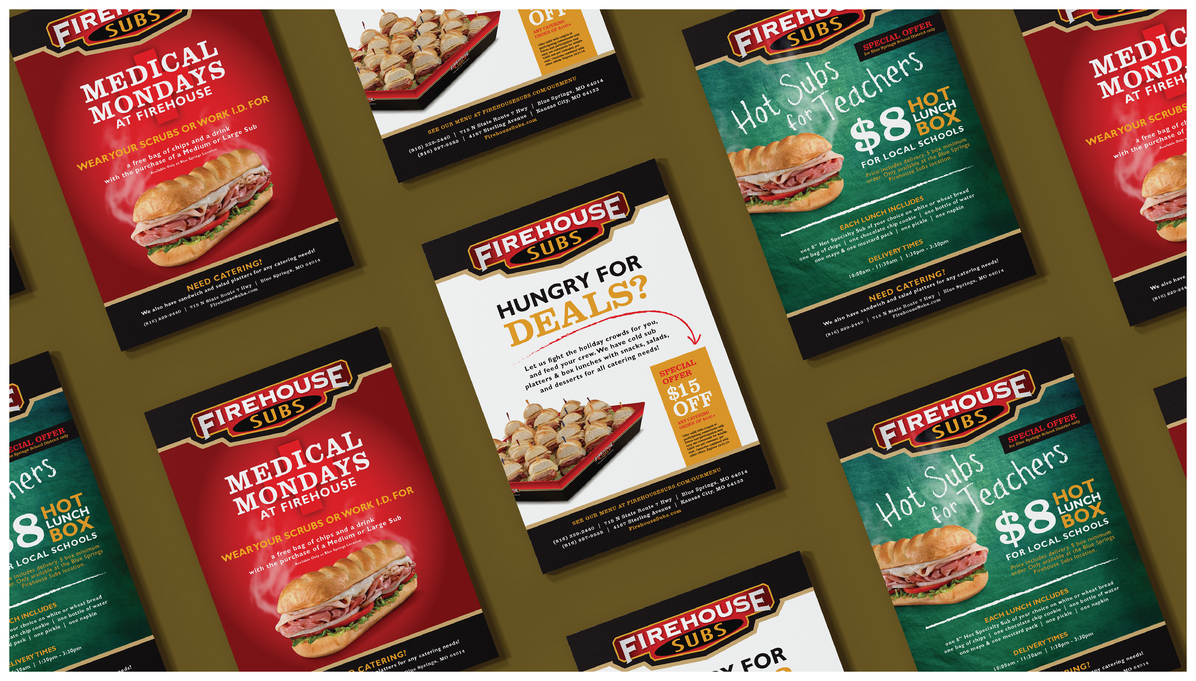 promotional flyers for the Blue Springs Firehouse Subs location