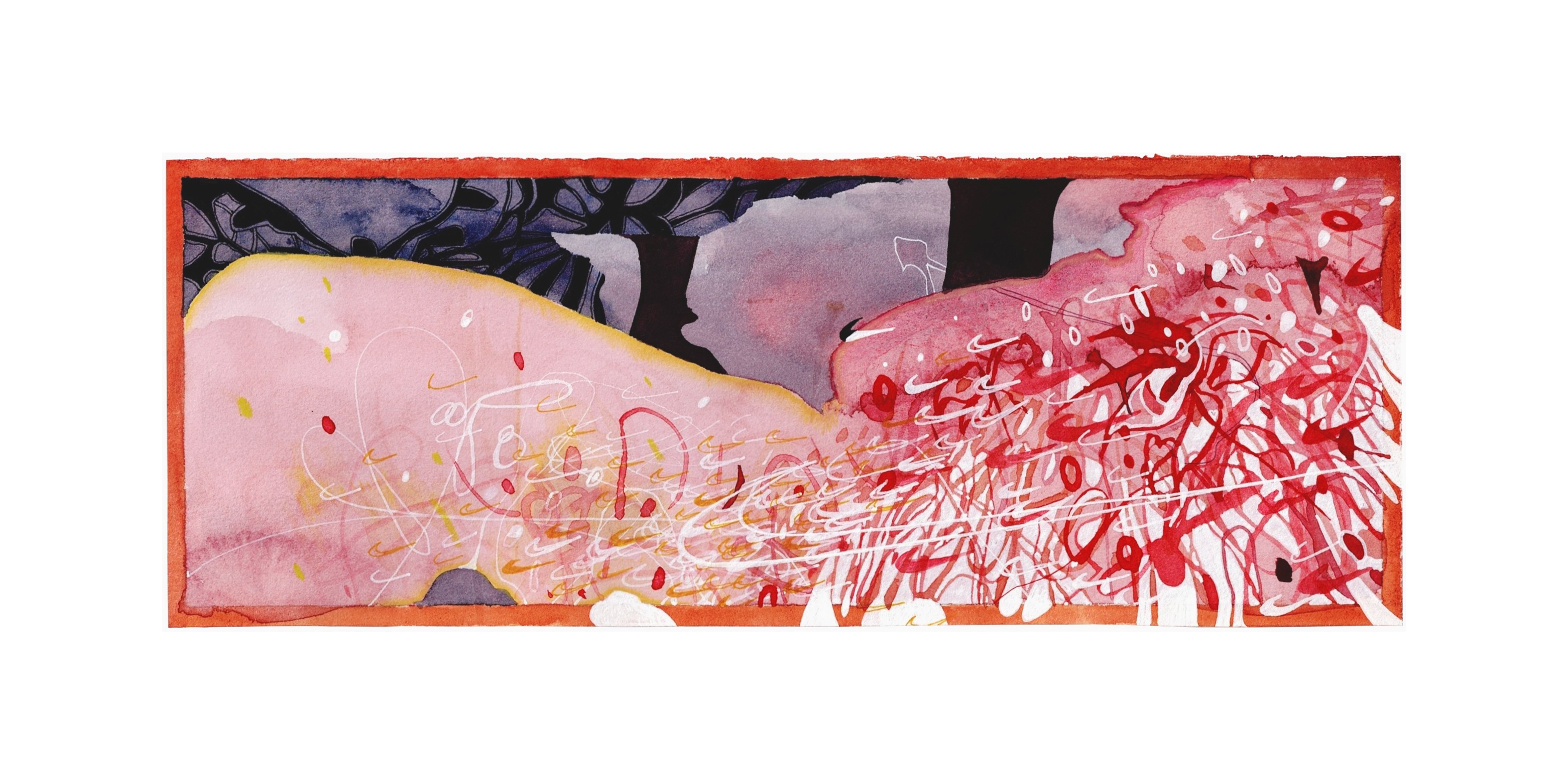 Wings on Wind, 2023, Watercolor, ink, white pigment on paper, 4.5" x 12"