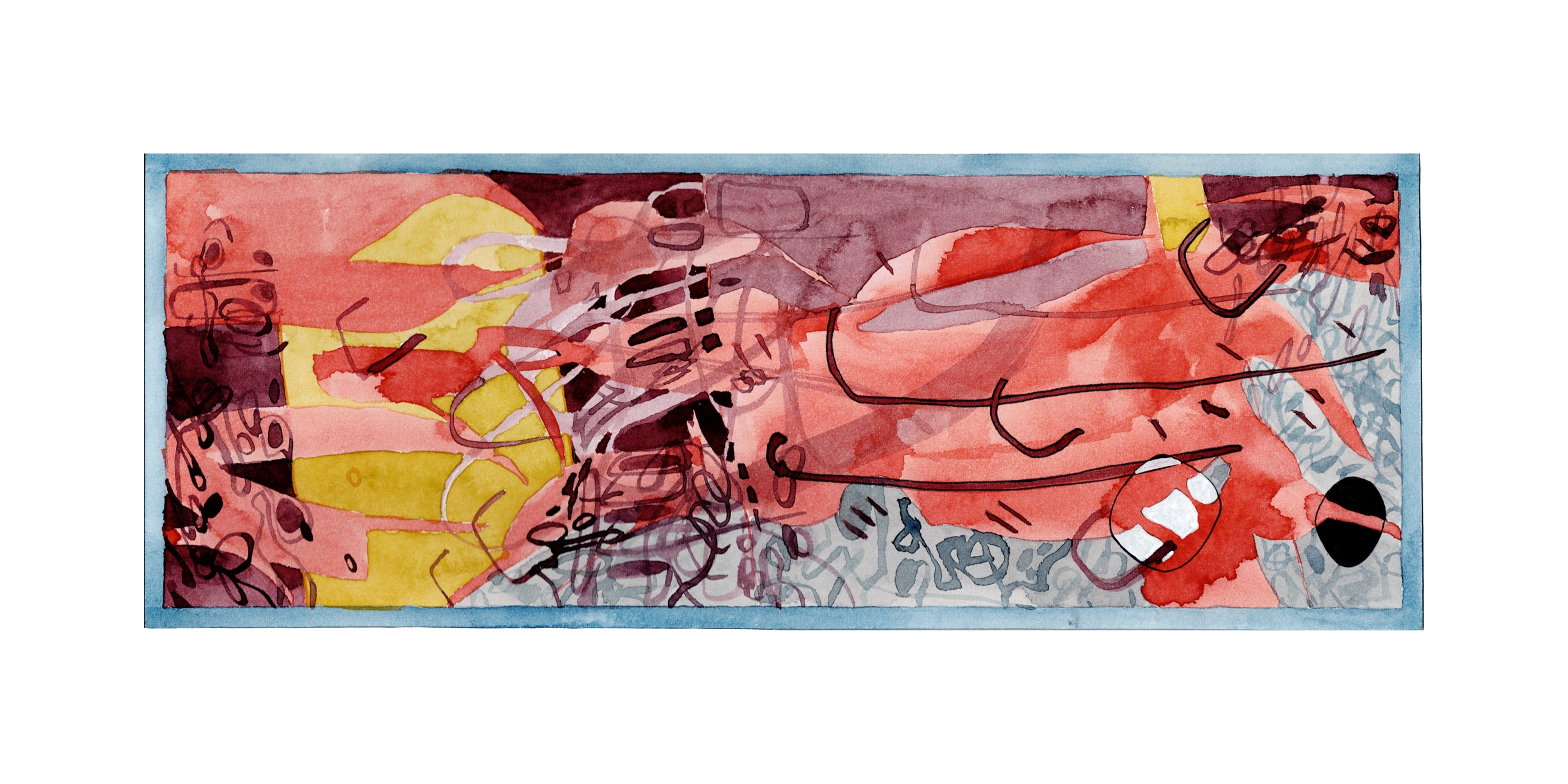 I Stumble, 2023, Watercolor, ink, white pigment on paper, 4.5" x 12"