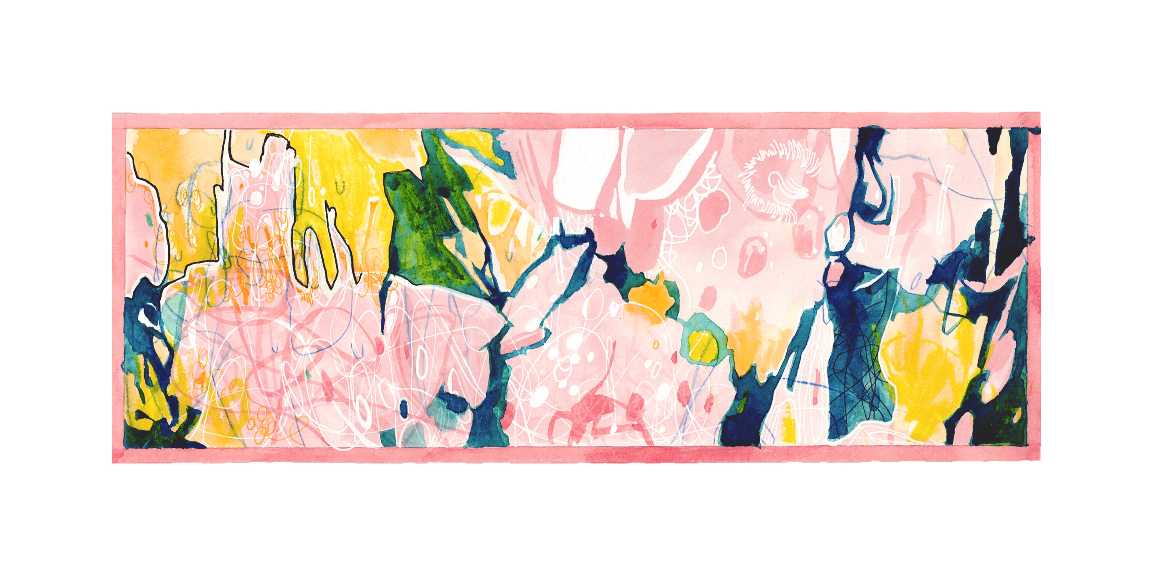 I Only Want to Hear It From Her, 2023, Watercolor, ink, white pigment, watercolor pencil, pastel on paper, 4.5" x 12"