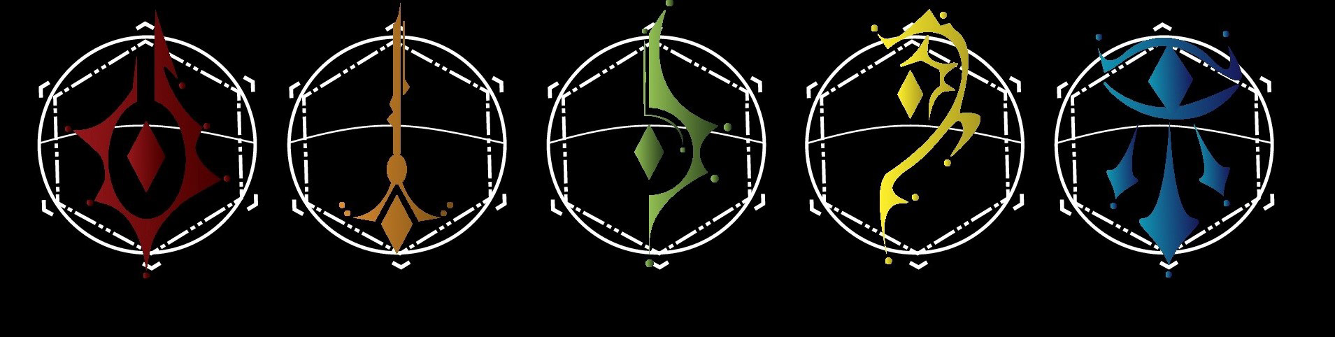 Role shields of the participants alluding to the 5 senses. From left to right: programmers (tongue-taste), designers (hair-touch), investors and entrepreneurs (nose-smell), sound technicians (ear-hearing) and illustrators (eye-sight).