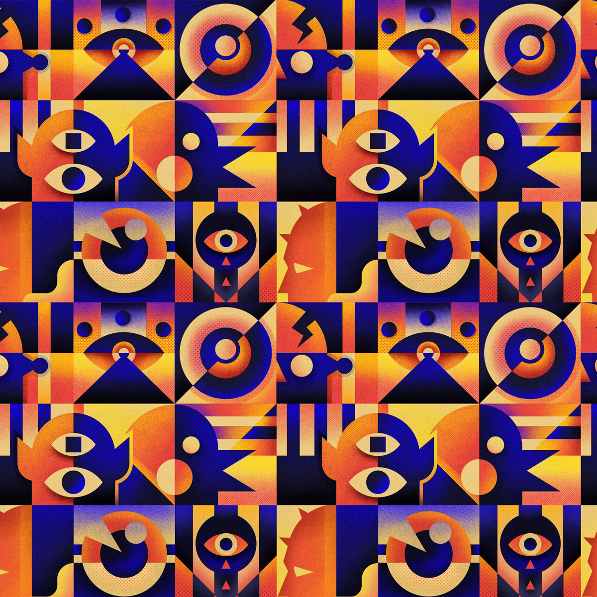 Seamless pattern by Sasha Korenev (LSRBLST), featuring abstract characters, faces, and creatures arranged in a detailed geometric composition with vibrant orange-blue-red palette
