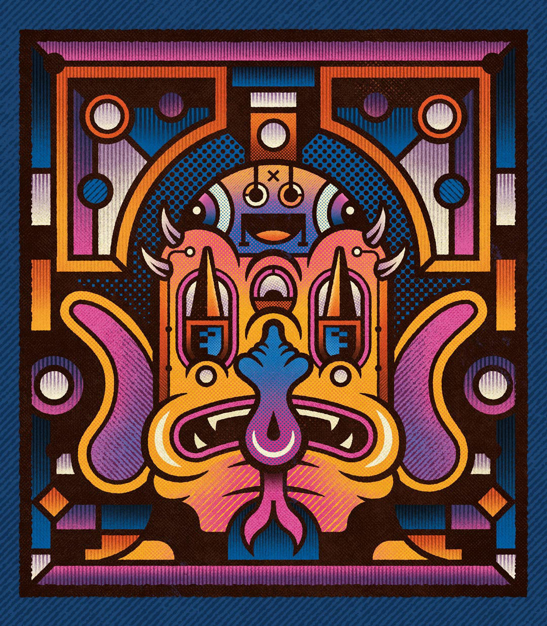 Psychedelic abstract illustration by Sasha Korenev (LSRBLST), featuring symmetrical monster with bold ornamental background and vibrant blue-pink-orange palette.