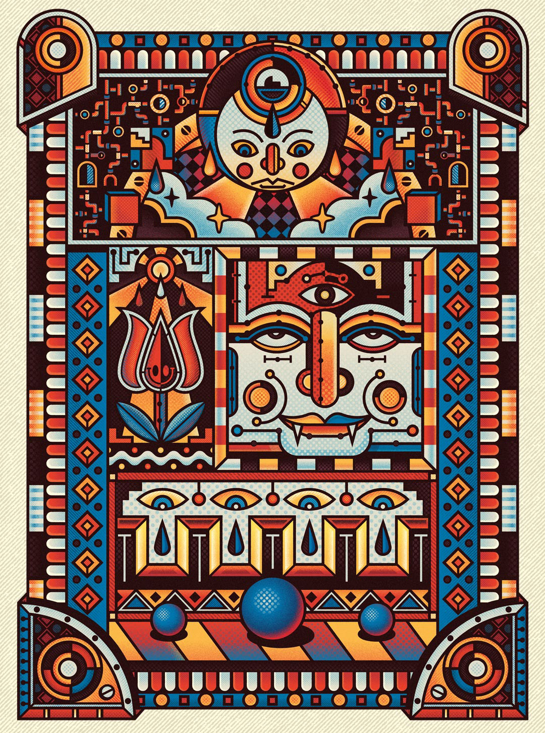 Psychedelic digital illustration by Sasha Korenev (LSRBLST), showing symmetrical abstract creatures with third eye, abstract stylized flower, and ornamental geometric patterns in a vibrant red-blue-yellow palette