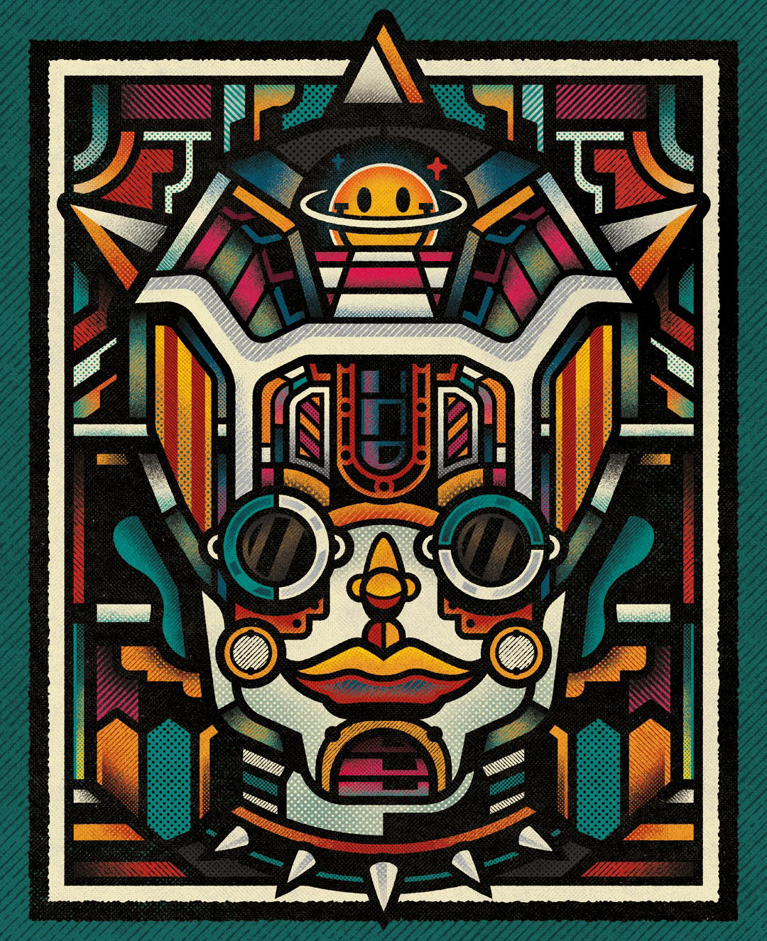 Psychedelic abstract illustration by Sasha Korenev (LSRBLST), featuring a cyberpunk spaceman with ornamental geometry and emoji smile and vibrant red-yellow-teal palette.