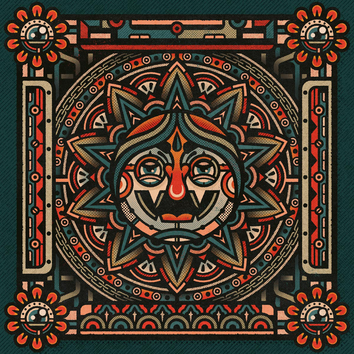 Folk art psychedelic illustration by Sasha Korenev (LSRBLST), featuring a mystical creature with floral elements and a maze-like background in earthy red-orange-teal palette.