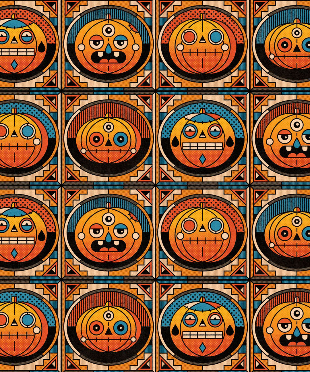 Halloween-themed seamless pattern by Sasha Korenev (LSRBLST), composed entirely of pumpkins and small geometric abstract ornaments, evoking festive autumn vibes in orange-blue palette.