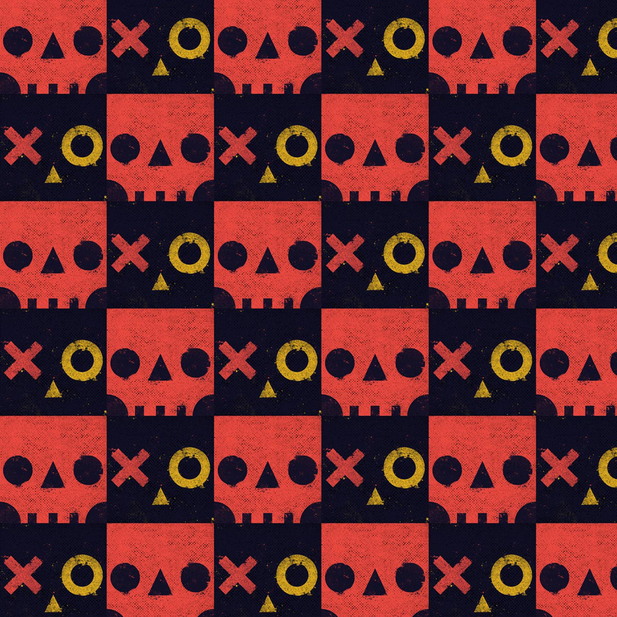 Seamless pattern by Sasha Korenev (LSRBLST), featuring stylized skulls, symbolic elements, and checkerboard geometry in bold red-black palette.