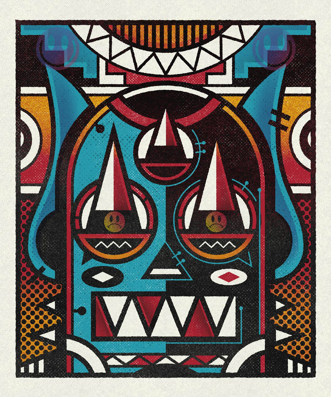 Abstract illustration by Sasha Korenev (LSRBLST), featuring a robot punk creature with ornamental background and vibrant blue-red-yellow palette.