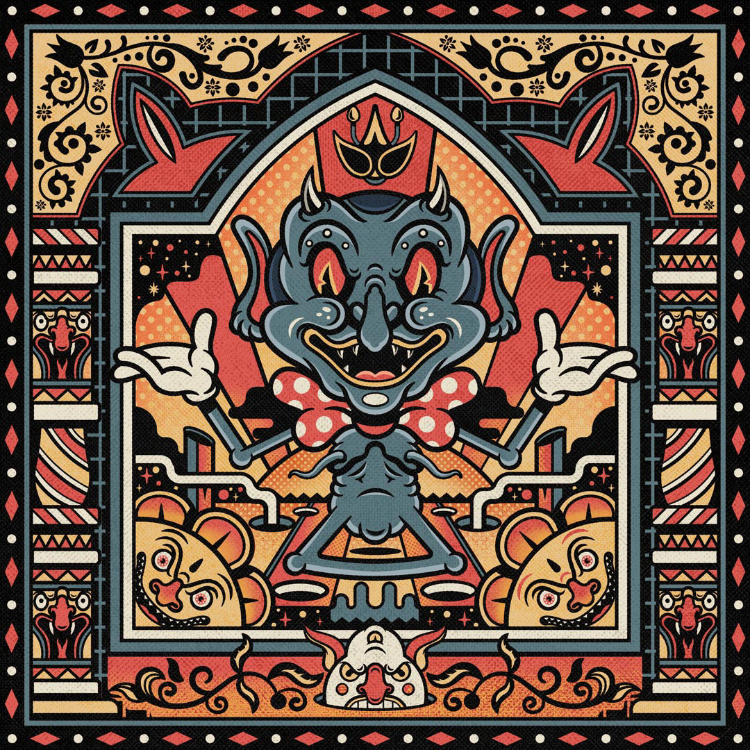 Folk art illustration by Sasha Korenev (LSRBLST), featuring ornamental demonic creatures in a bizarre composition with a psychedelic background of stars, hearts, and geometrical motifs.