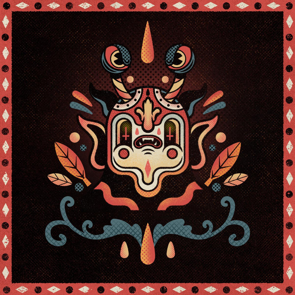 Psychedelic character design by Sasha Korenev (LSRBLST), featuring a mystical monster in folk art style with ornamental autumn tones and a slightly creepy expression.