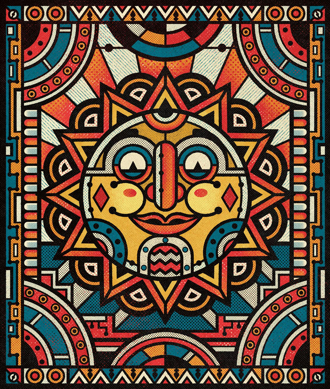 Psychedelic abstract illustration by Sasha Korenev (LSRBLST), featuring a symmetrical sun face with ornamental rays and vibrant red-orange-yellow-blue palette.