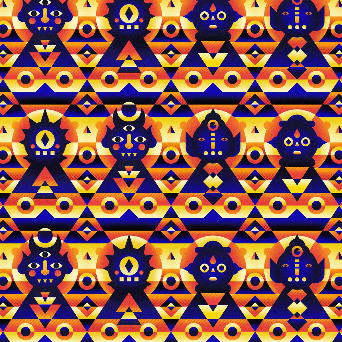 Mystical ornamental pattern by Sasha Korenev (LSRBLST), featuring monsters and detailed geometric shapes interwoven into a vibrant symmetrical composition.
