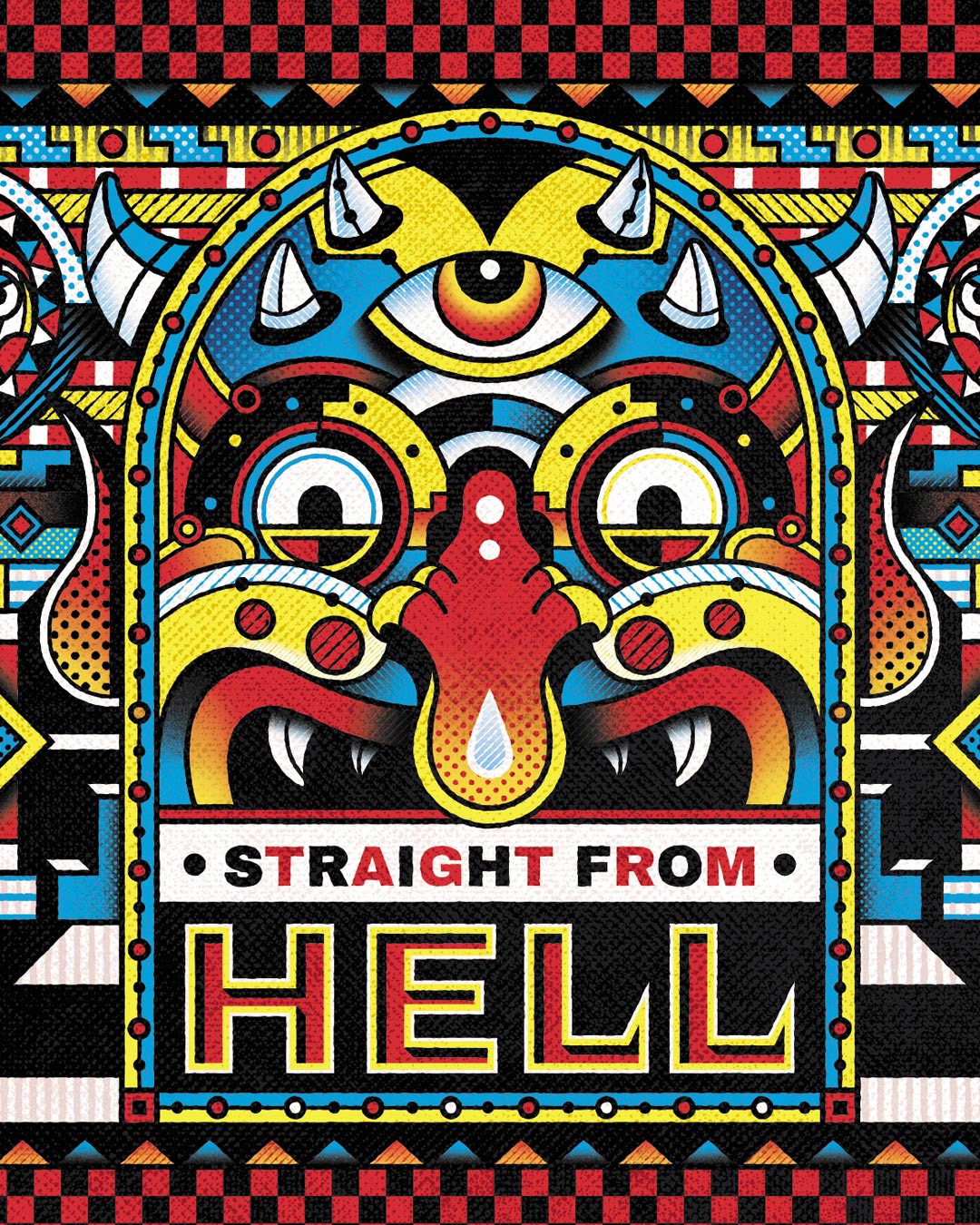 Packaging design art by Sasha Korenev (LSRBLST), featuring an occult illustration of a demon head with multiple eyes, sharp teeth, and geometrical patterns in vibrant red-yellow-blue palette.