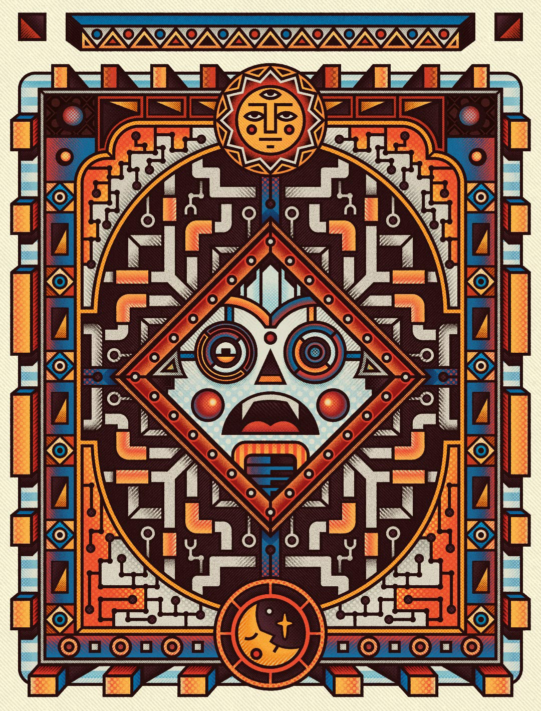 Psychedelic abstract illustration by Sasha Korenev (LSRBLST), showing an abstract detailed composition with ornamental patterns and mystical moon and sun symbols