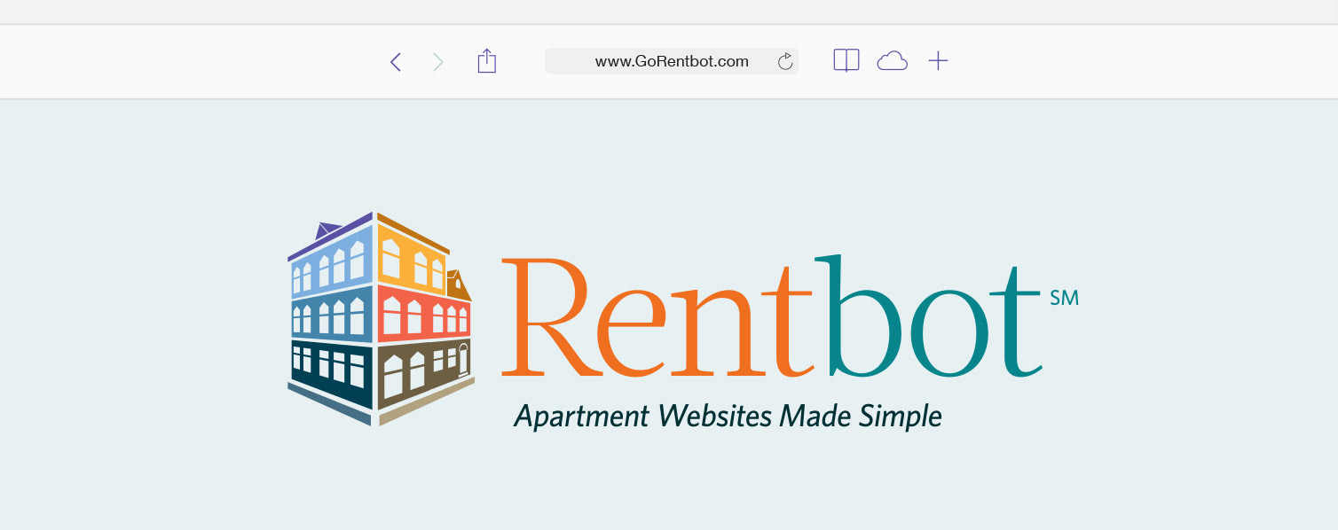 The logo is a colorful, stylized three story buidling with many windows. Adjacent to left is the word Rentbot the brand line Apartment Websites Made Simple positioned beneath Rentbot in smaller text.