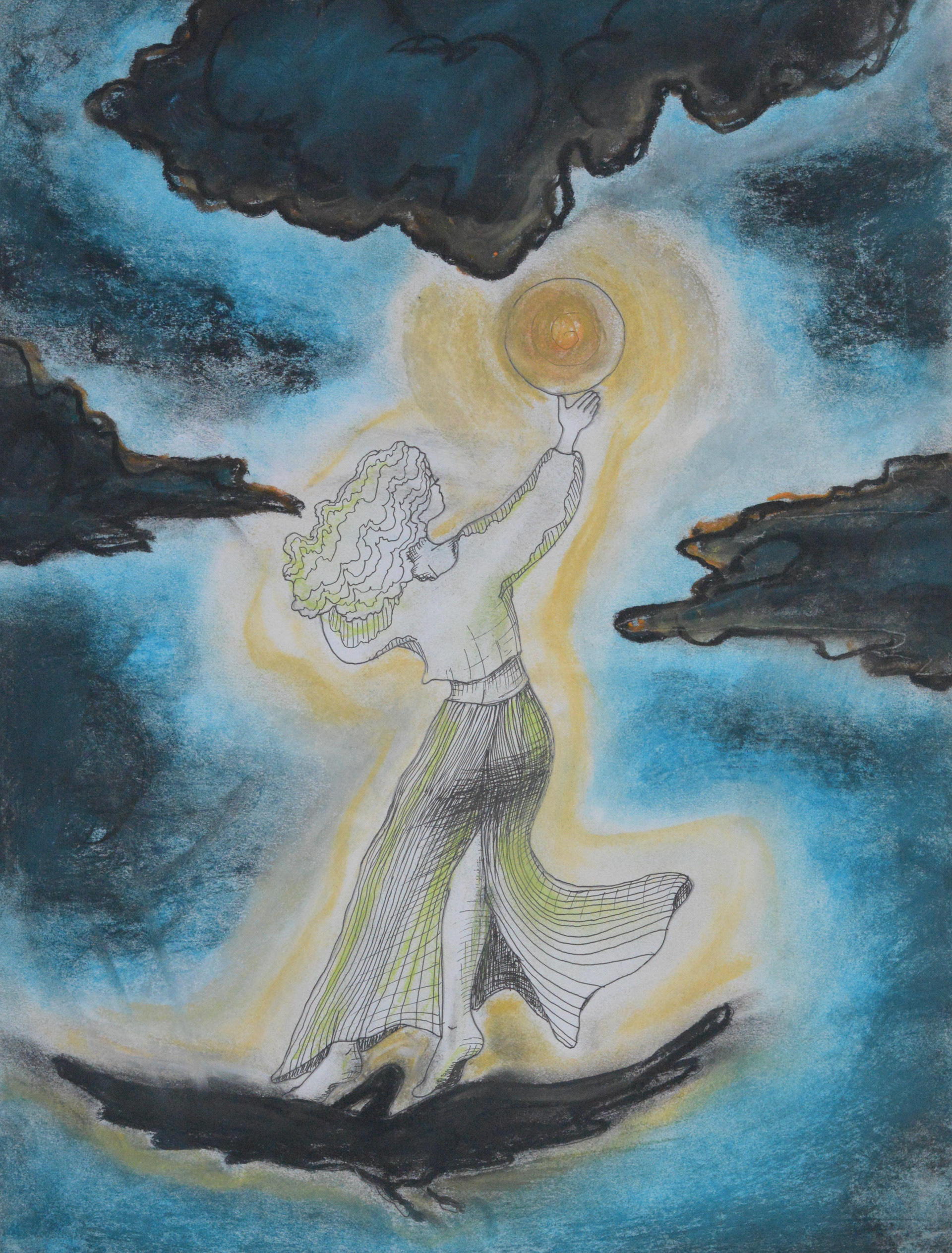 “Reaching Through the Dark”  This drawing reflects the moment hope pierces through shadow. A woman stands poised between darkness and light, reaching upward - not in desperation, but with purpose. Her hand touches the glowing orb, a symbol of clarity, truth, or the self finally seen.  The clouds represent the weight of old patterns, fears, or grief. But she is no longer beneath them - she walks on them, elevated by her own resilience. Healing here is not the absence of darkness, but the courage to rise through it and claim the light.