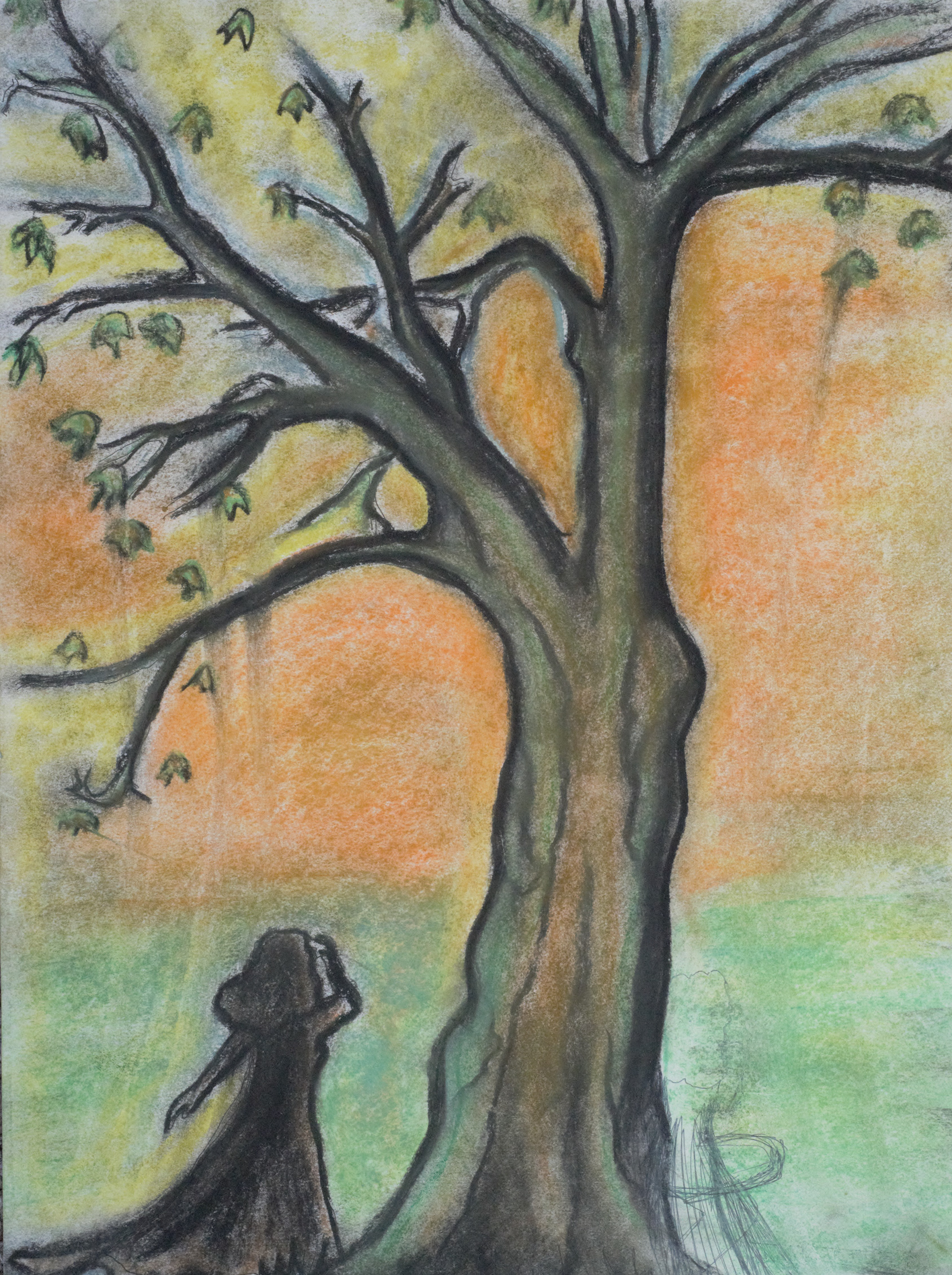 “Between Shadows and Echoes” A lone figure stands before a towering tree, caught between presence and absence. The silhouette watches, perhaps searching or remembering - while a ghostlike version of herself fades behind the trunk, almost forgotten. This drawing speaks to the moments in therapy where we confront the parts of ourselves we’ve lost, abandoned, or hidden. The tree - strong, aged, yet still sprouting leaves - holds the space for transformation. Healing here is not loud; it’s subtle, rooted in recognition and quiet return.