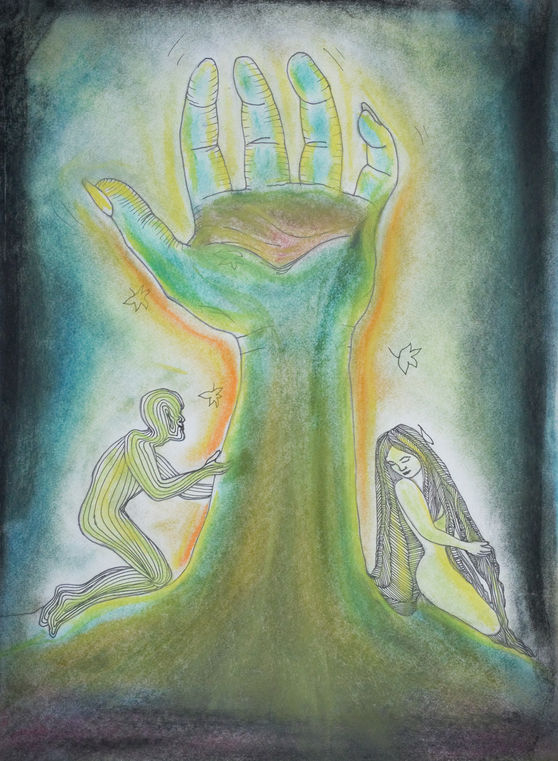 "Held by What Heals" This piece explores healing as an inner union where the masculine and feminine within us meet, witness, and restore each other. The hand, both tree and gesture of offering, symbolises growth born of pain, reaching upward while rooted in memory. On the left, the masculine appears as an active seeker - drawn to the source, yearning to understand and hold. On the right, the feminine rests in quiet surrender - not needing to search, but to be present and feel. Together, they encircle the hand like sacred opposites in dialogue - showing that healing is not just recovery, but a return to inner balance, where strength and softness coexist, and the self becomes whole.