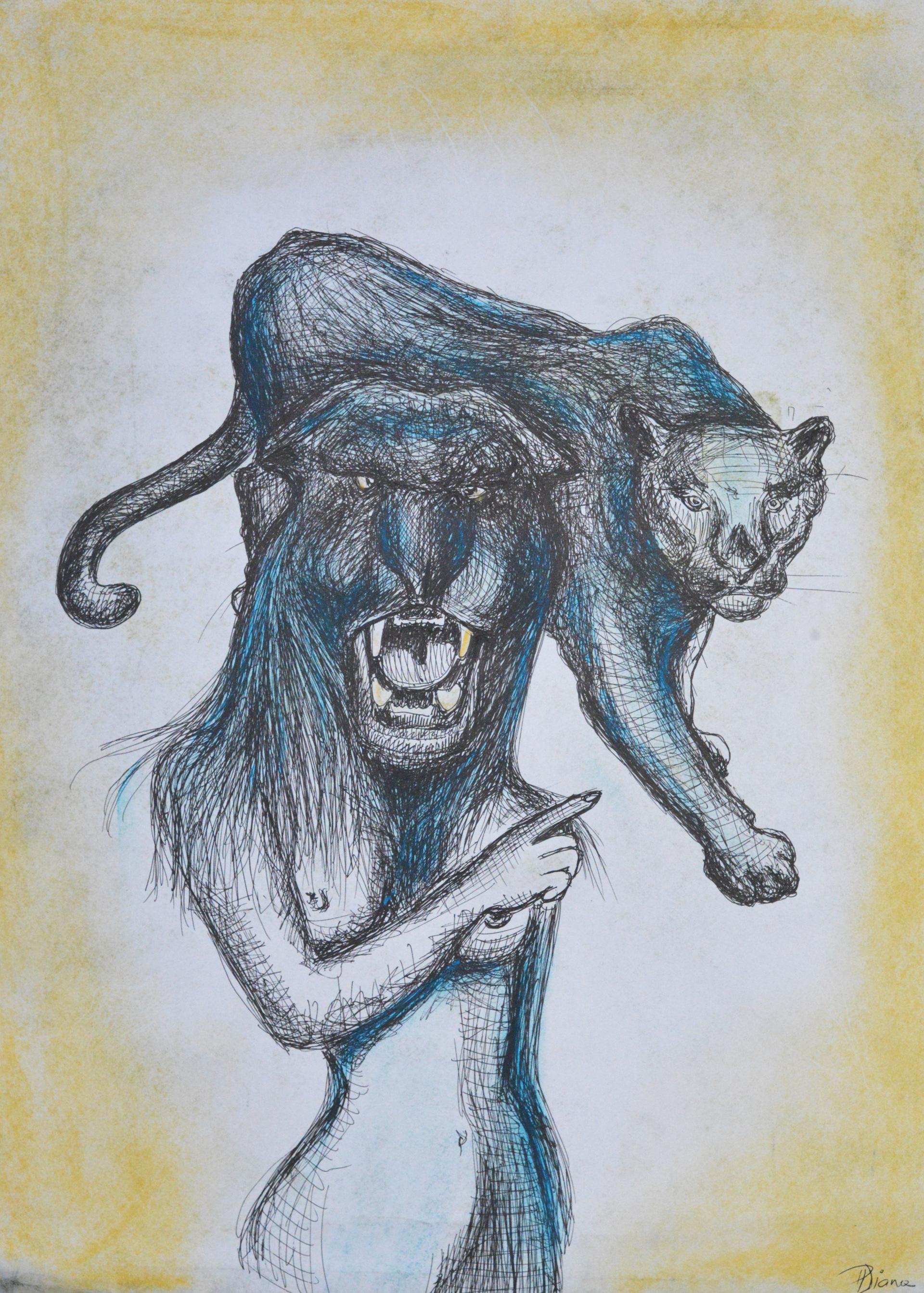 "Voice of the Untamed" This drawing evokes the fierce dance between vulnerability and instinct. The naked feminine figure - exposed, unapologetic - bears a panther upon her shoulders, its mouth roaring through her own, its gaze steady, watchful.  She is both the voice of the beast and its bearer. A woman in her truth, no longer afraid of her wildness, no longer silencing the primal. Through the path of self-discovery, she doesn’t tame the anima -  she integrates it.  In therapy, this is the moment when the repressed comes alive, when rage transforms into power, and the self, once fragmented, begins to roar.