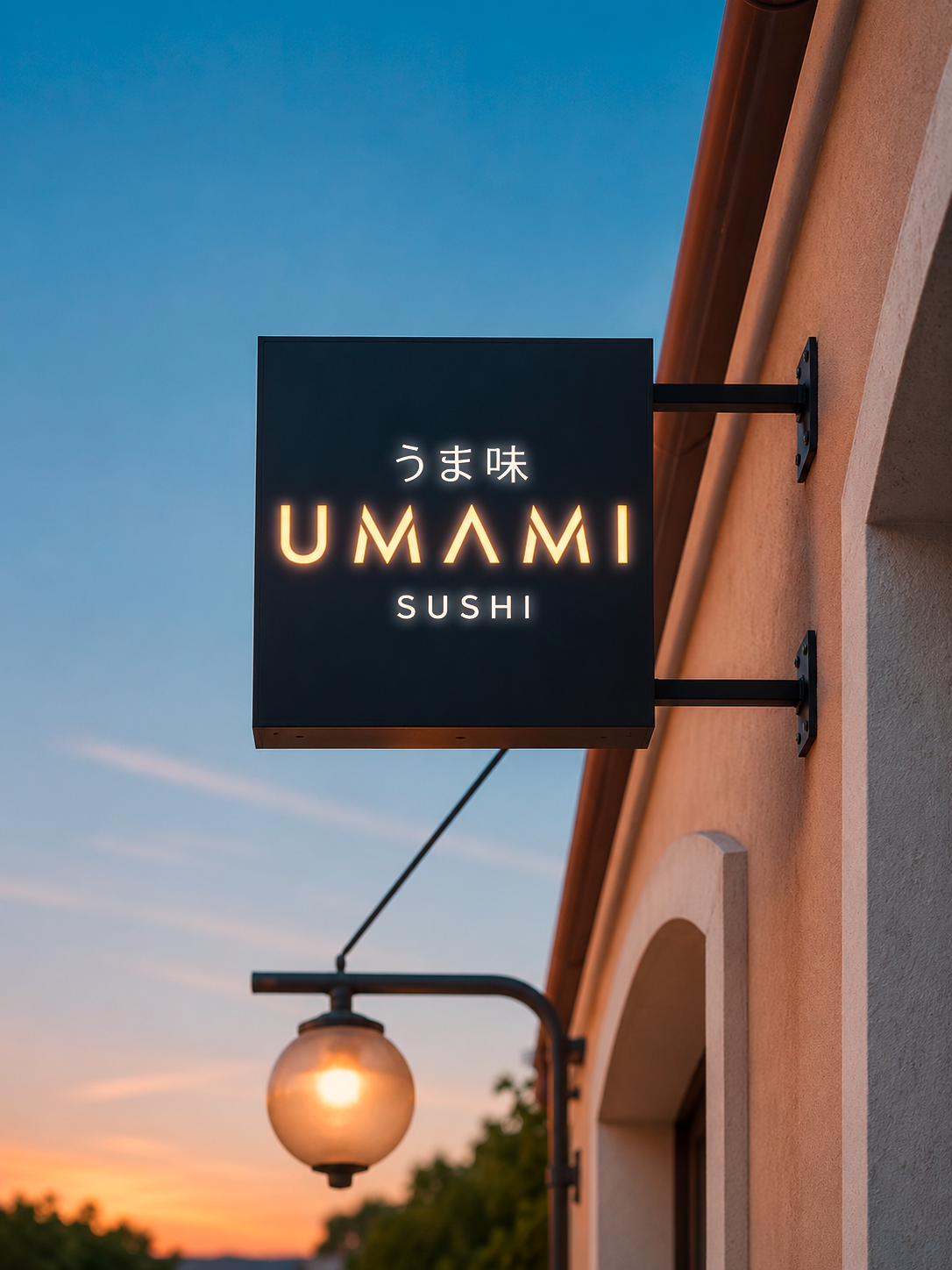 Insegna bifacciale a bandiera, scatolato in alluminio. UMAMI Sushi a Martina Franca