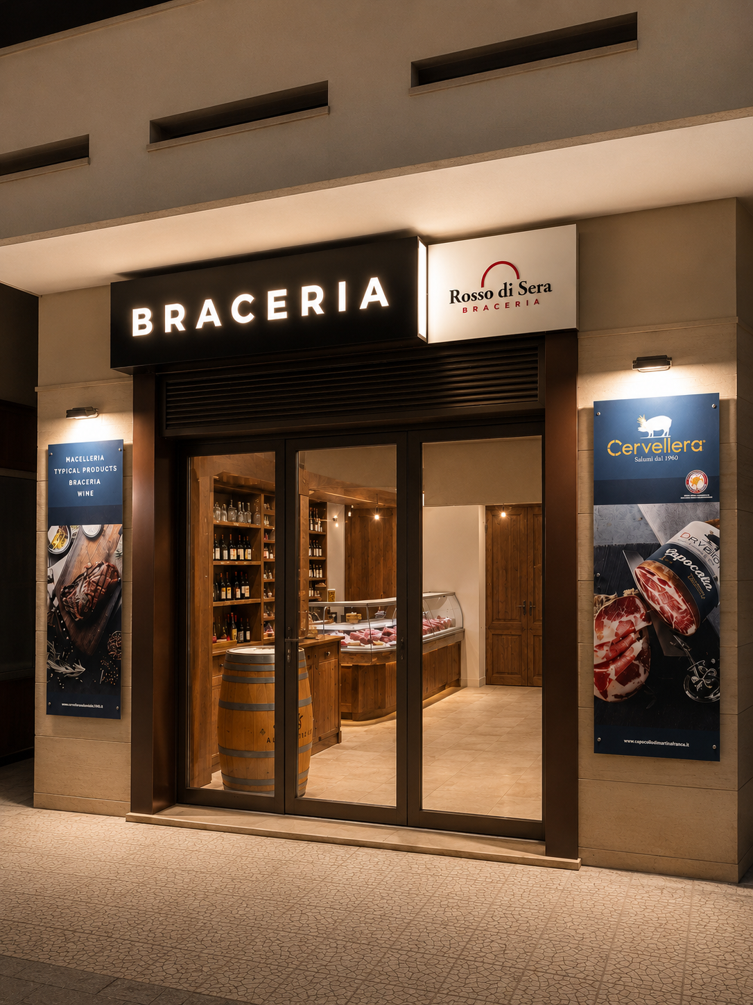 Insegna 3D scatolata in alluminio nero con scritte in PMMA a rilievo e illuminazione laterale. Braceria Rosso di Sera a Martina Franca