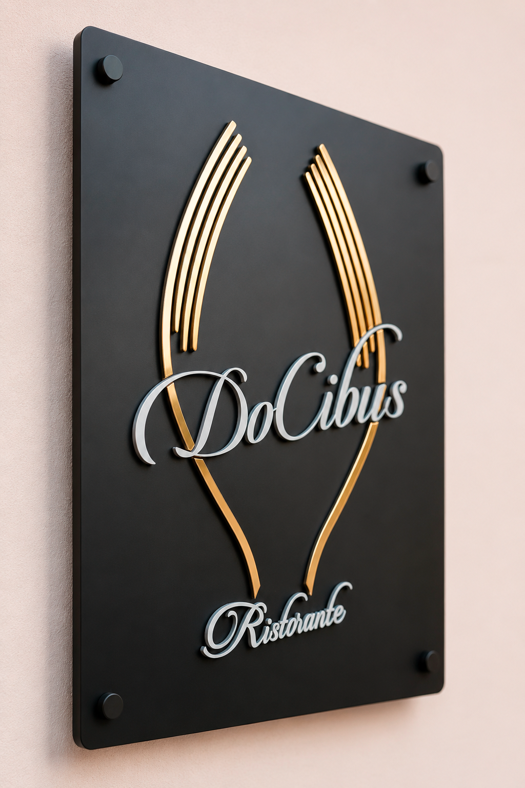 Targa in PMMA nero con scritte a rilievo in PMMA bianco e oro. DoCibus Ristorante a Martina Franca