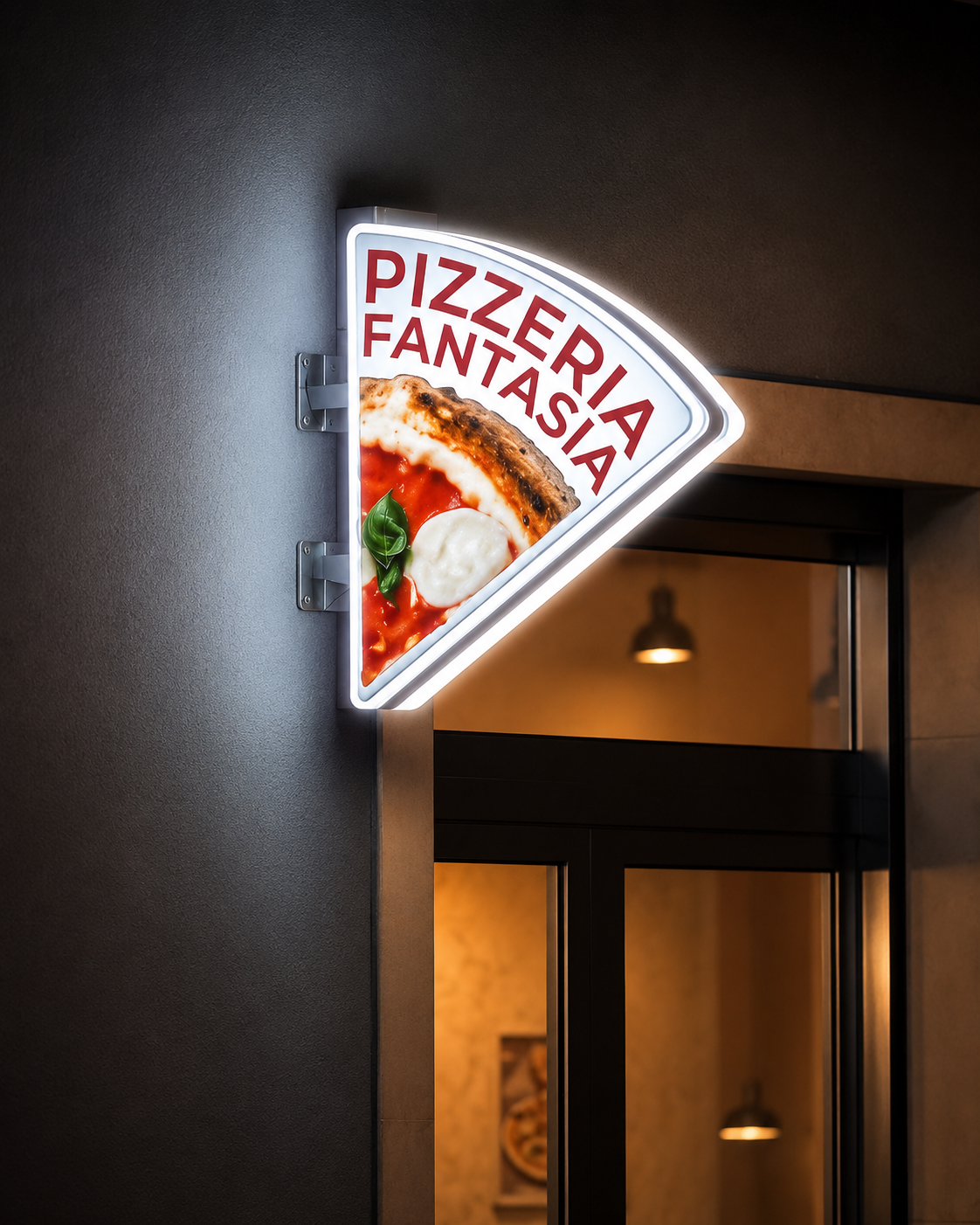 Insegna bifacciale a bandiera, scatolato in PMMA. Pizzeria Fantasia a Martina Franca