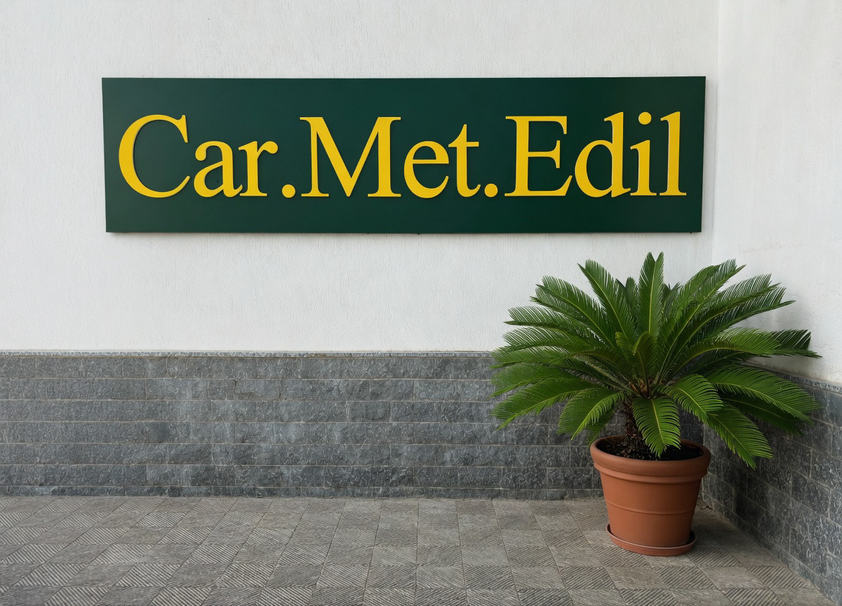 Insegna in alluminio con lettere a rilievo in PVC espanso con finitura in PMMA giallo.  Car. Met. Edil a Martina Franca