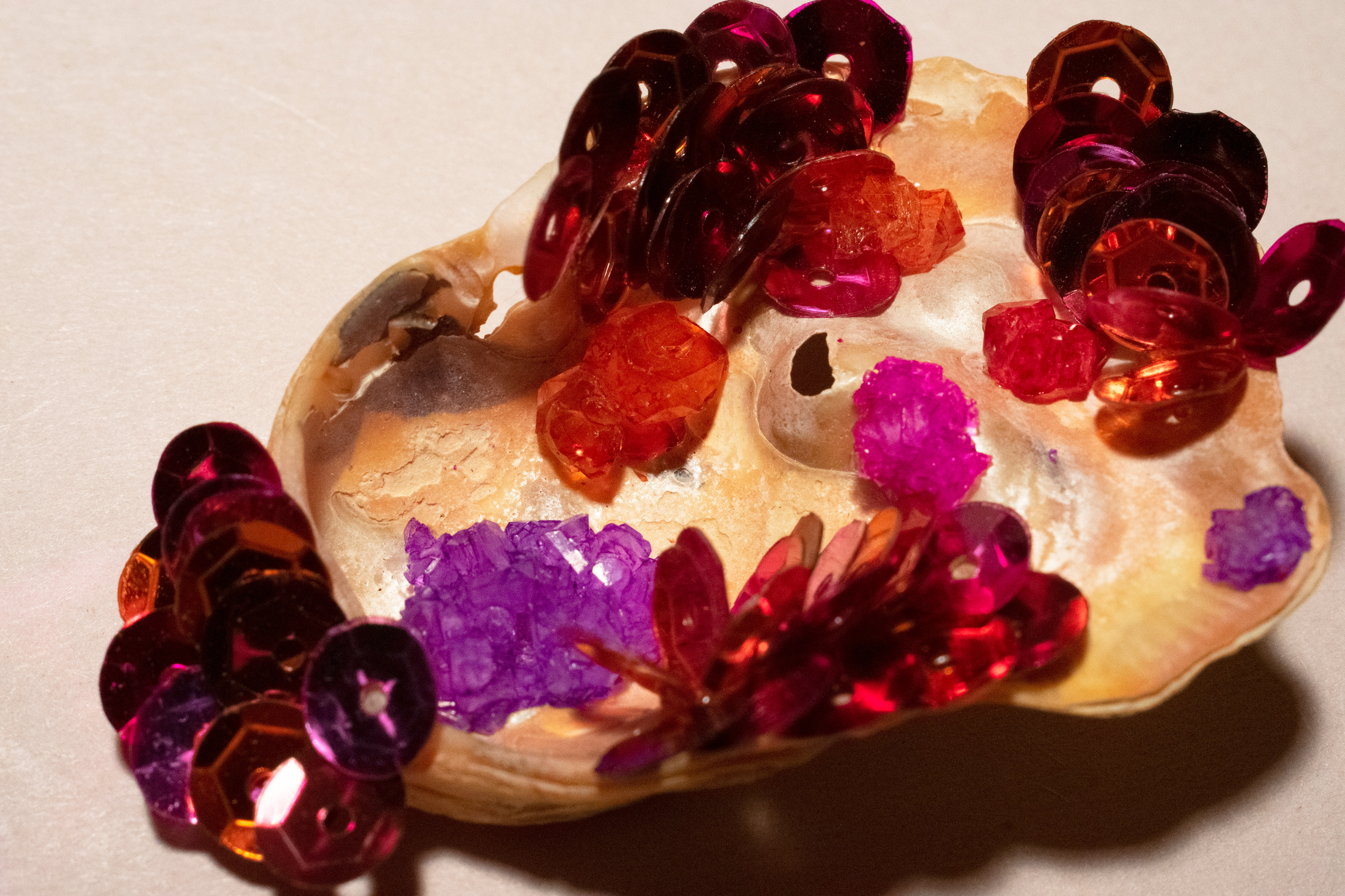 Sequins and crystals on oyster shell