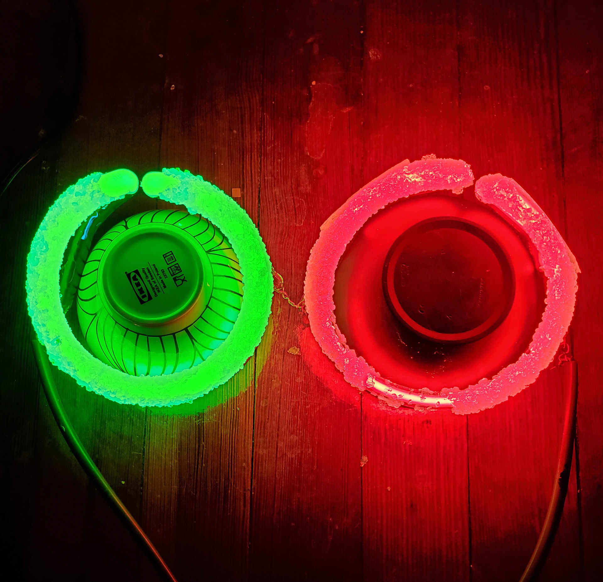 Collaboration with Matt Jacob, crystals grown on neon circles