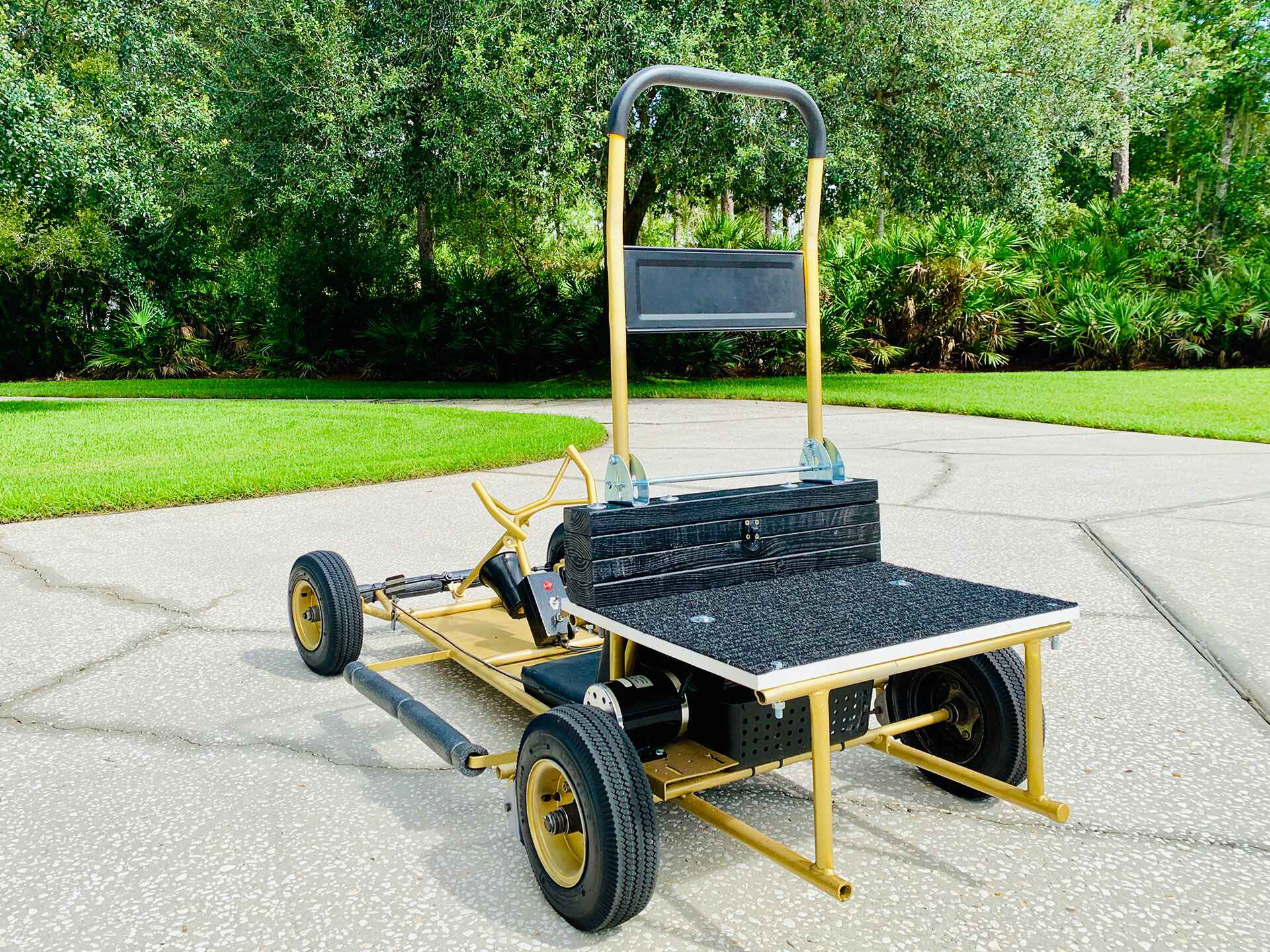 Rear view, showing custom-welded platform for UCF's mascot Knightro to stand on during parades.
