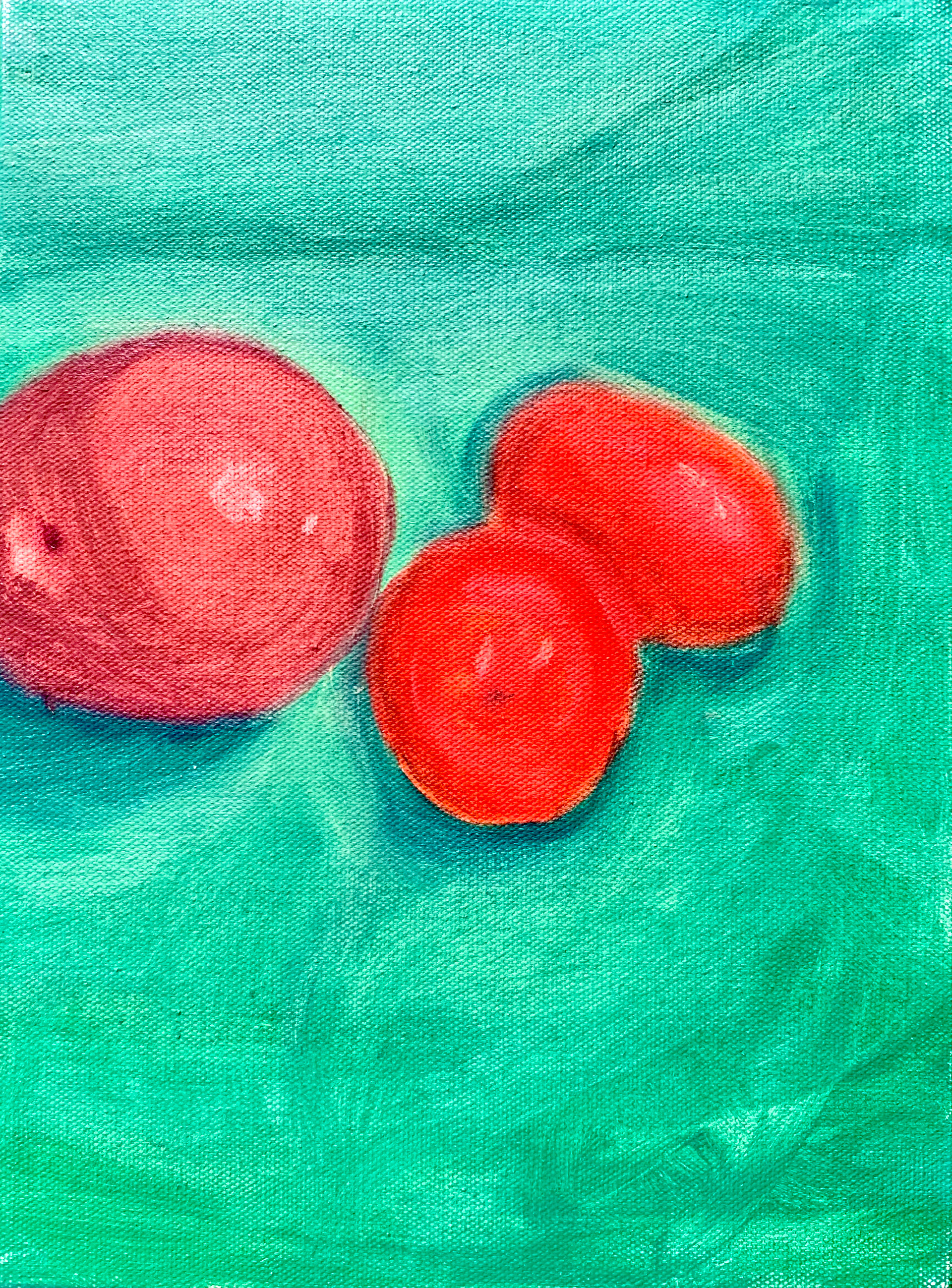 "A Apple and two Cherry Tomatoes (I think)", oil on canvas (2018)