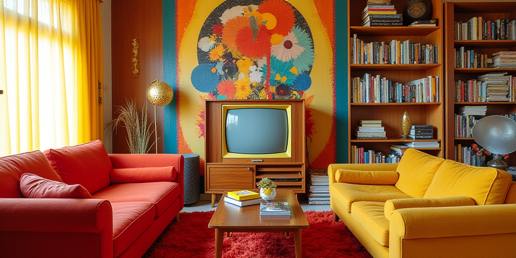 A retro 1970s inspired living room in hues of orange, yellow and brown, with shag textures an a wooden cabinet console television