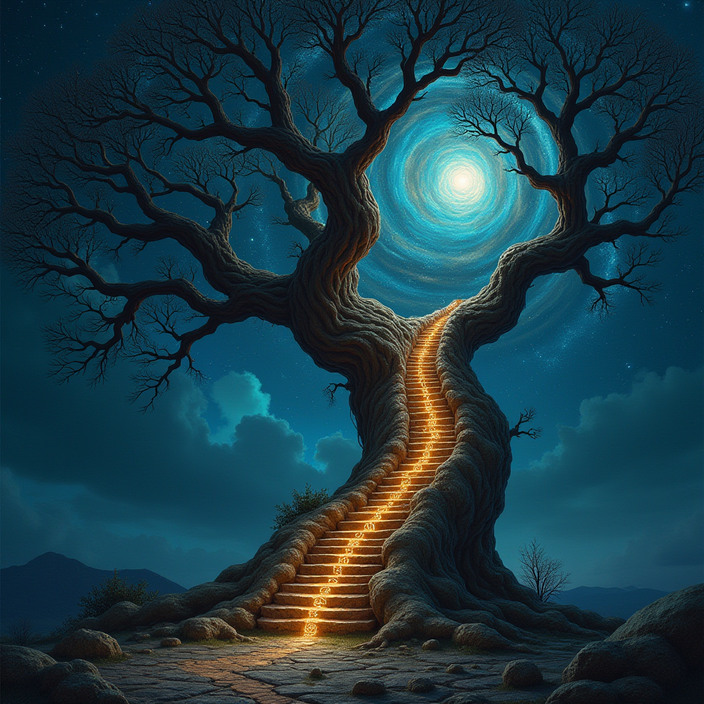A generative AI image in the style of epic fantasy art. A glowing staircase winds up the trunk of an ancient, gnarled tree at night, leading towards a swirling galaxy in the sky. An original creation by NYX Studio Labs for the MuseMatch game.