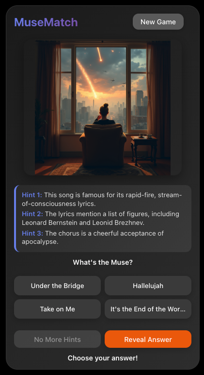 A screen capture of a puzzle from the MuseMatch game. It includes and image, three hints, and four multiple choice answers.