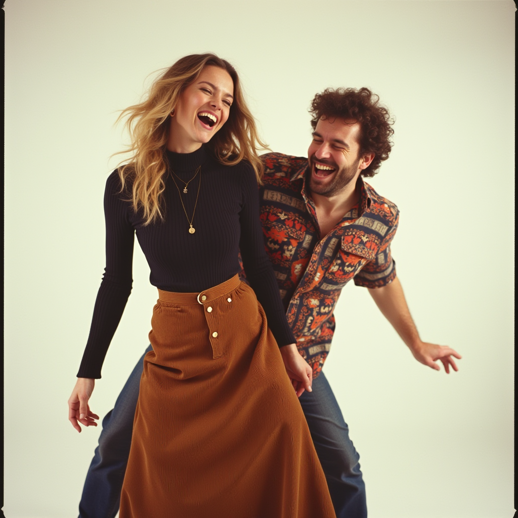 A Study in Textures. This joyful shot showcases the versatility of mainstream 70s fashion. Her outfit combines a form-fitting ribbed turtleneck with a high-waisted A-line maxi skirt in rich, tactile corduroy—a staple fabric of the decade. His look is a classic pairing of a bold, ethnic-print shirt with simple denim. Together, they represent the effortless, mix-and-match style that defined what real people wore every day.